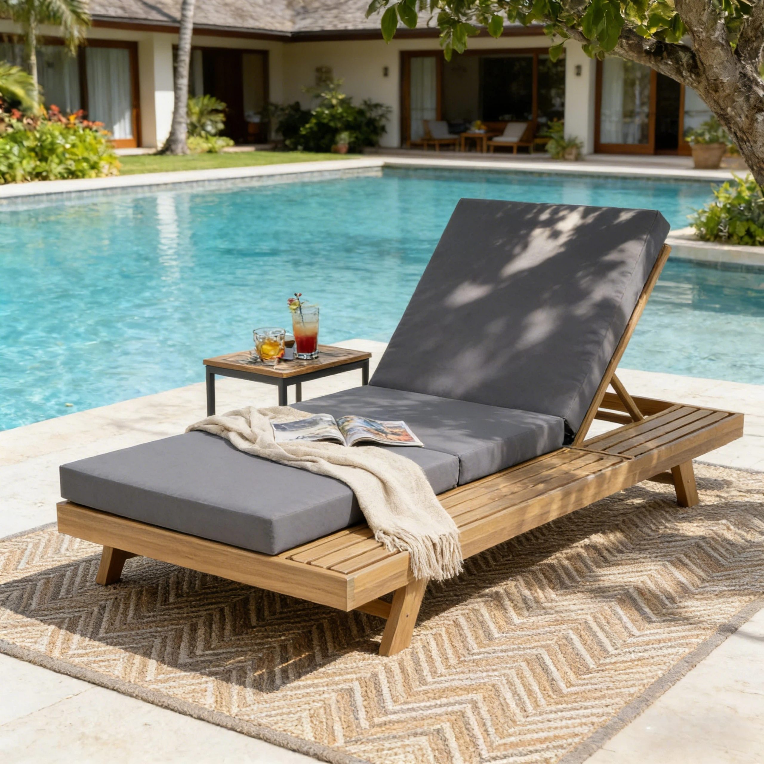 Lounge Chaise Set, Space Available On One Side, Acacia Solid Wood In light brown With Lounge Cushion (Dark Grey & Triple Fold) – Matching Cream Version Available - Image 1