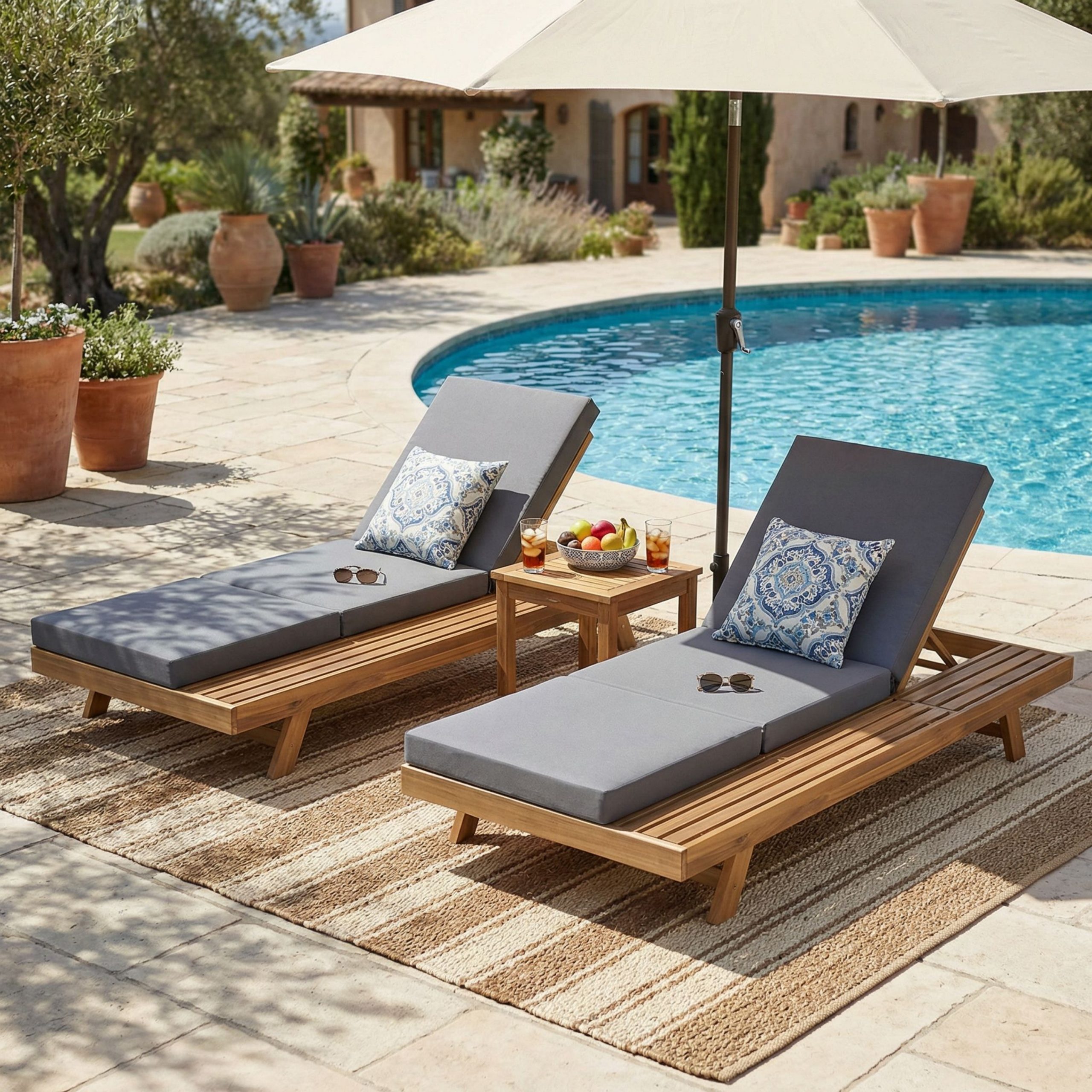 Lounge Chaise Set, Space Available On One Side, Acacia Solid Wood In light brown With Lounge Cushion (Dark Grey & Triple Fold) – Matching Cream Version Available - Image 5