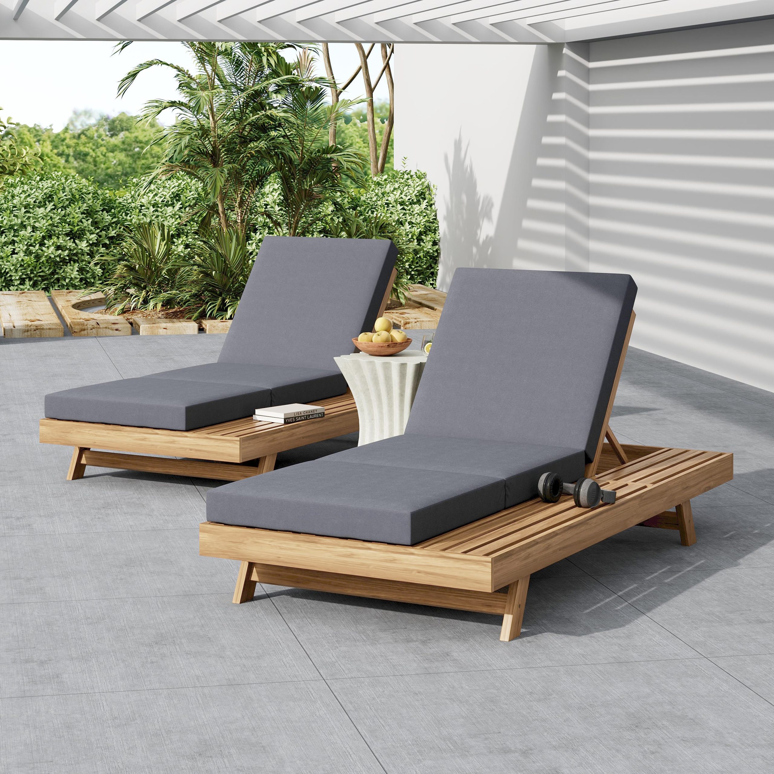 Lounge Chaise Set, Space Available On One Side, Acacia Solid Wood In light brown With Lounge Cushion (Dark Grey & Triple Fold) – Matching Cream Version Available - Image 6