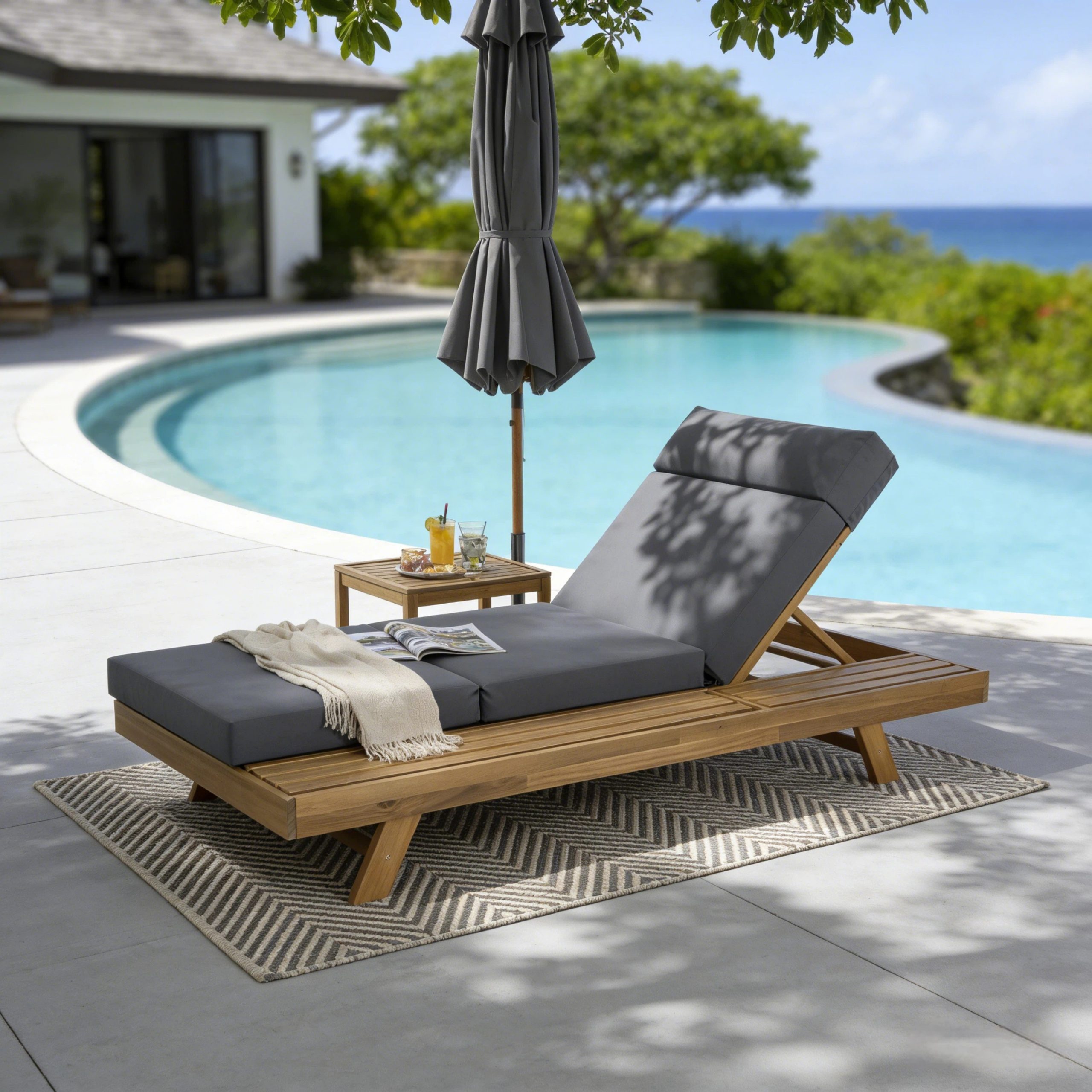 Lounge Chaise Set With Headrest, Space Available On One Side, Acacia Wood In light brown With Water-Resistant Lounge Cushions (Dark Grey & 3-Fold & 4 Inch) – Matching Cream/Beige Version Available - Image 2