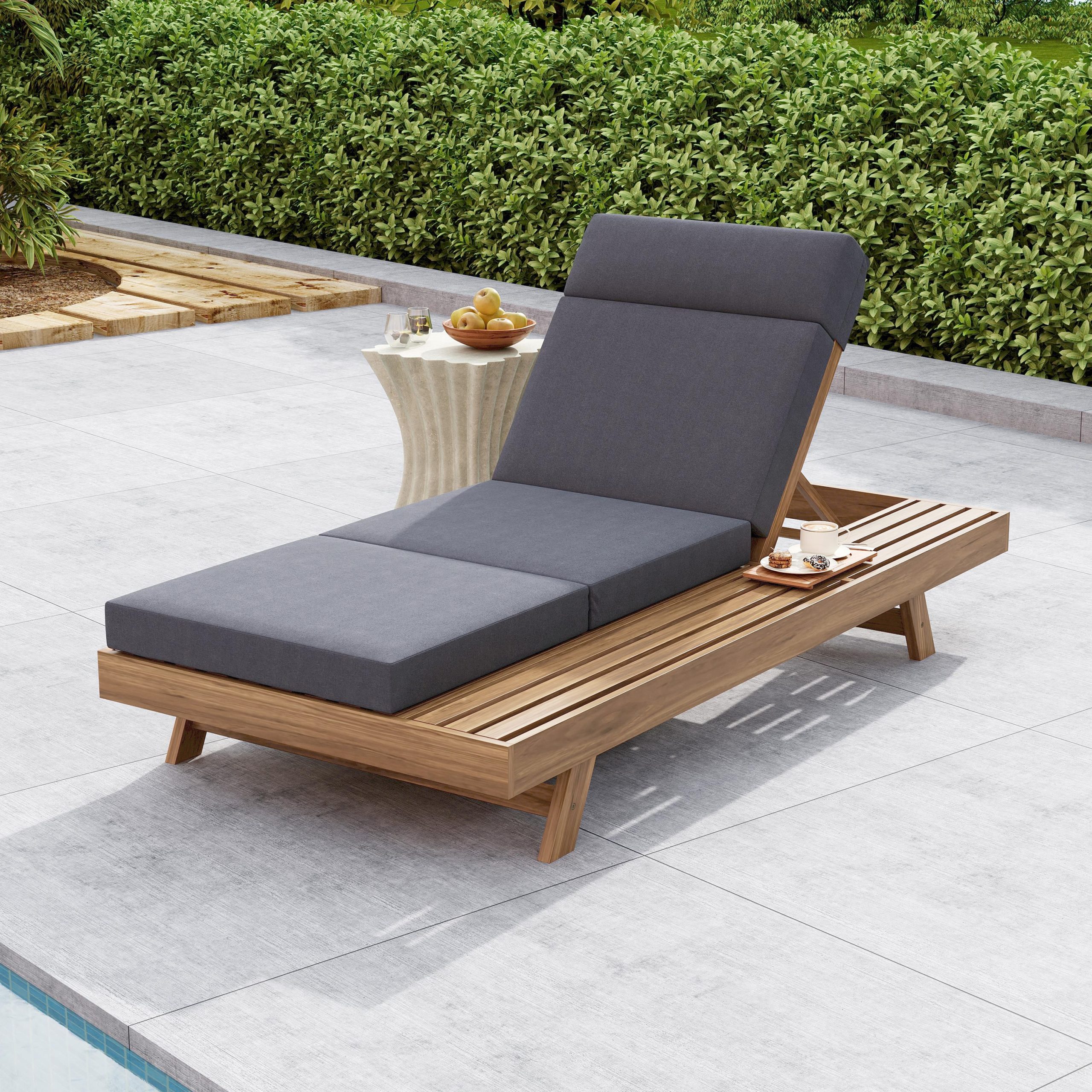 Lounge Chaise Set With Headrest, Space Available On One Side, Acacia Wood In light brown With Water-Resistant Lounge Cushions (Dark Grey & 3-Fold & 4 Inch) – Matching Cream/Beige Version Available - Image 3