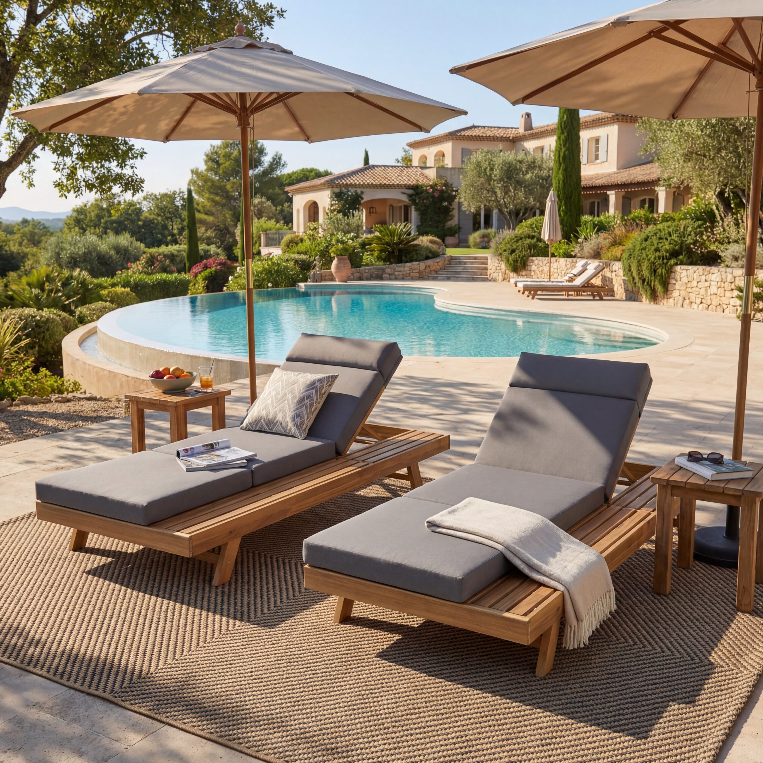 Lounge Chaise Set With Headrest, Space Available On One Side, Acacia Wood In light brown With Water-Resistant Lounge Cushions (Dark Grey & 3-Fold & 4 Inch) – Matching Cream/Beige Version Available - Image 6