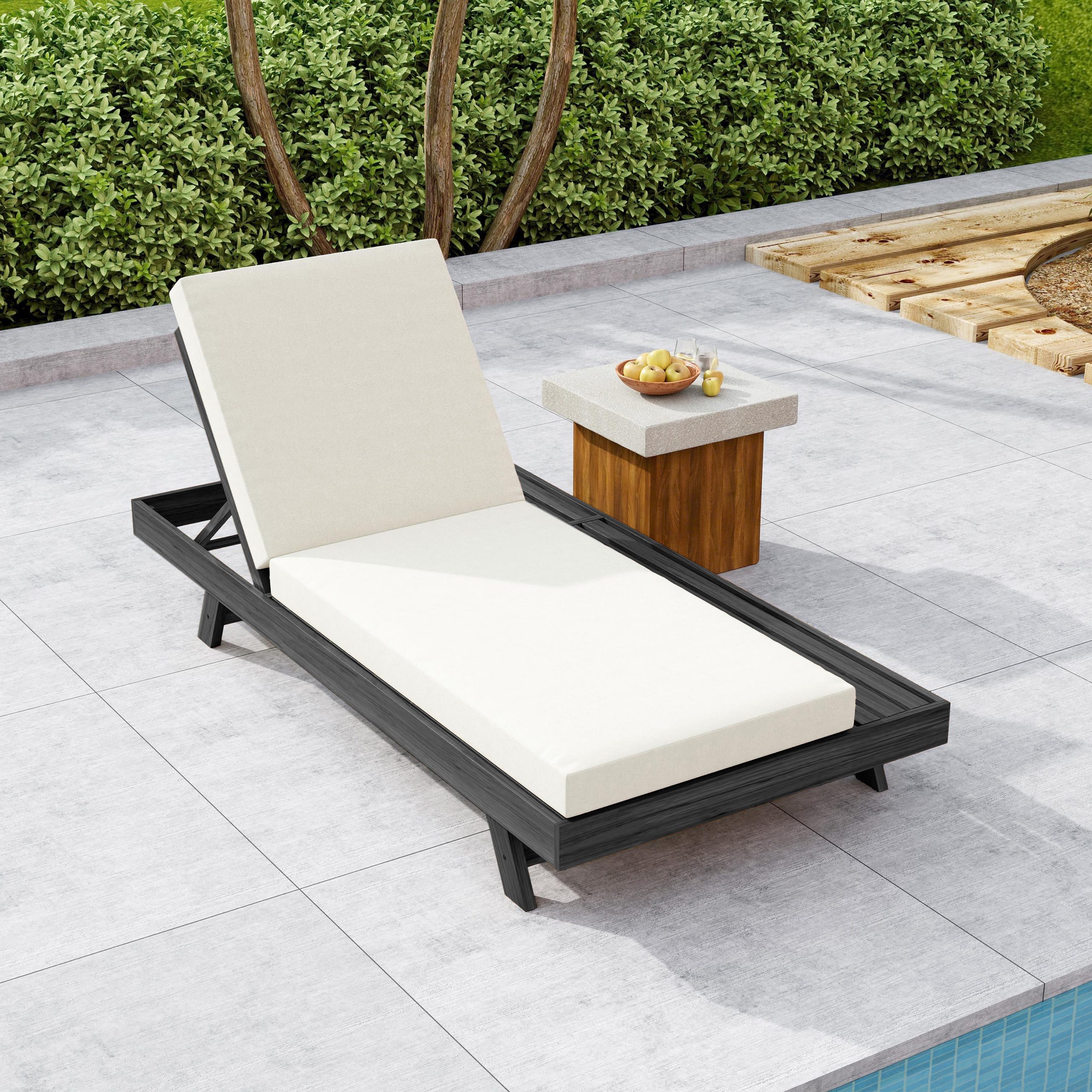 Lounge Chaise Set, Space Available On One Side, Acacia Wood In Black With Water-Resistant Lounge Cushions (Cream & 4 Inch Thick) – Matching Dark Grey Version Available - Image 2