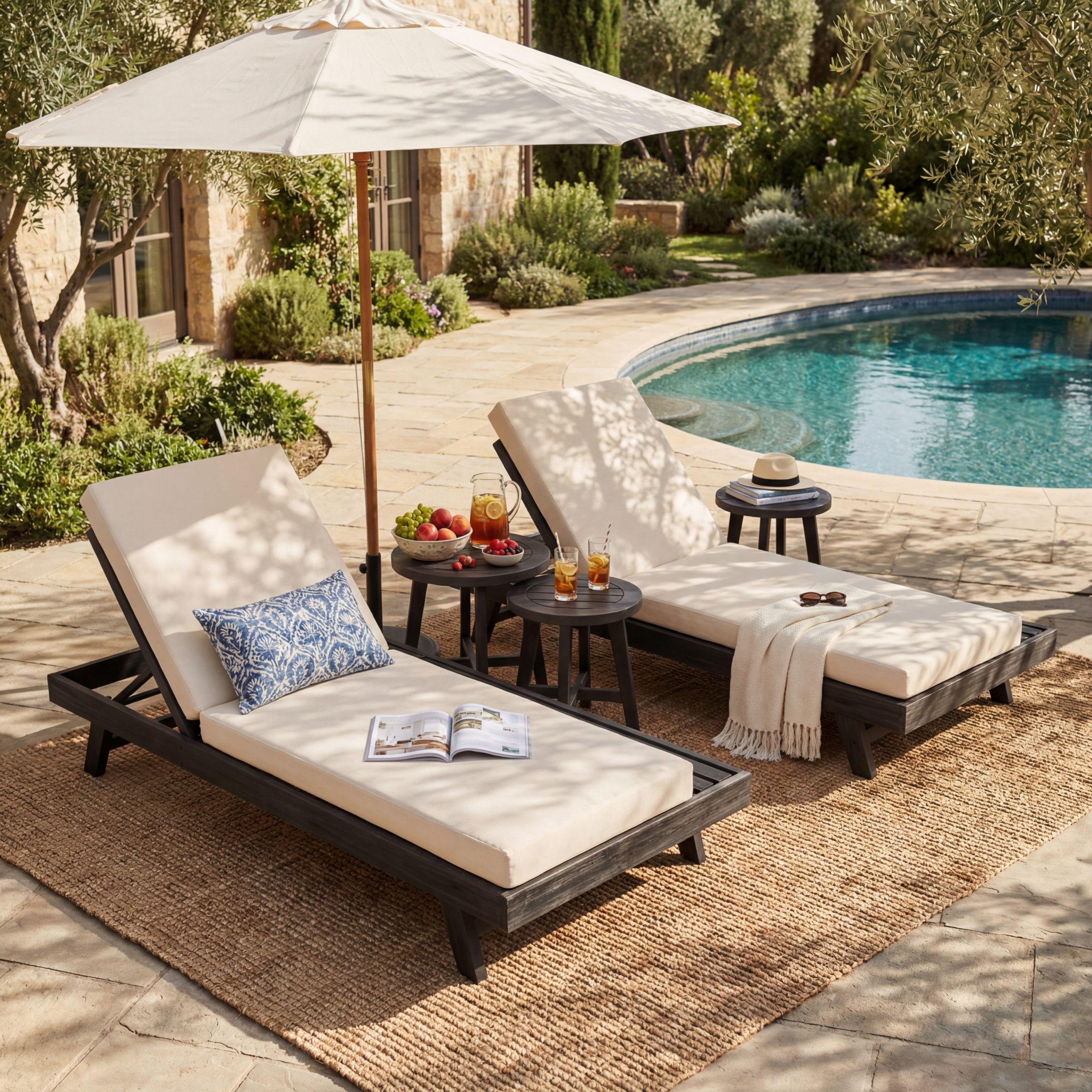 Lounge Chaise Set, Space Available On One Side, Acacia Wood In Black With Water-Resistant Lounge Cushions (Cream & 4 Inch Thick) – Matching Dark Grey Version Available - Image 5