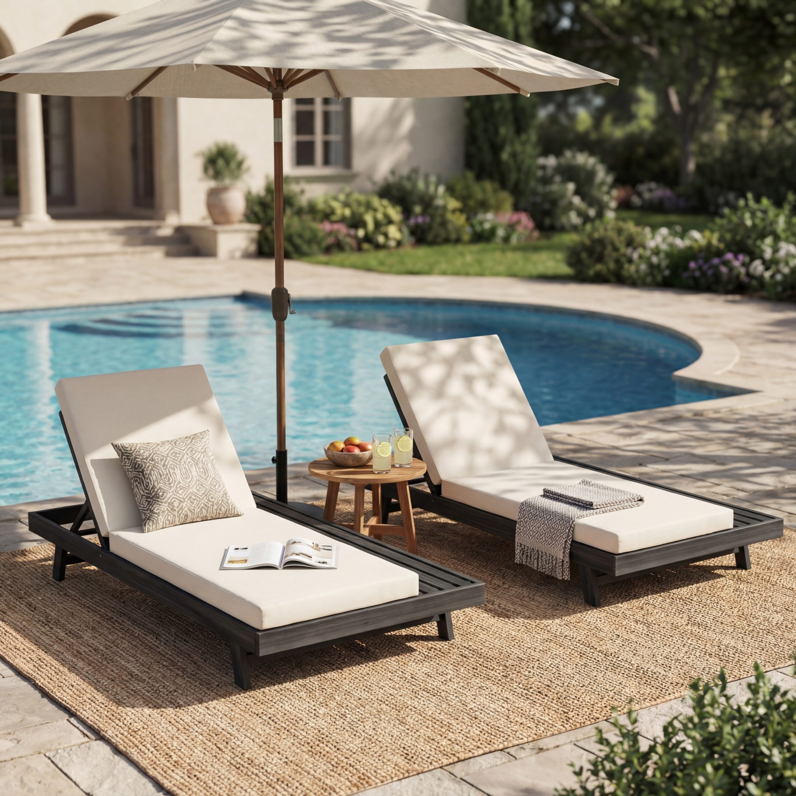 Lounge Chaise Set, Space Available On One Side, Acacia Wood In Black With Water-Resistant Lounge Cushions (Cream & 4 Inch Thick) – Matching Dark Grey Version Available - Image 6