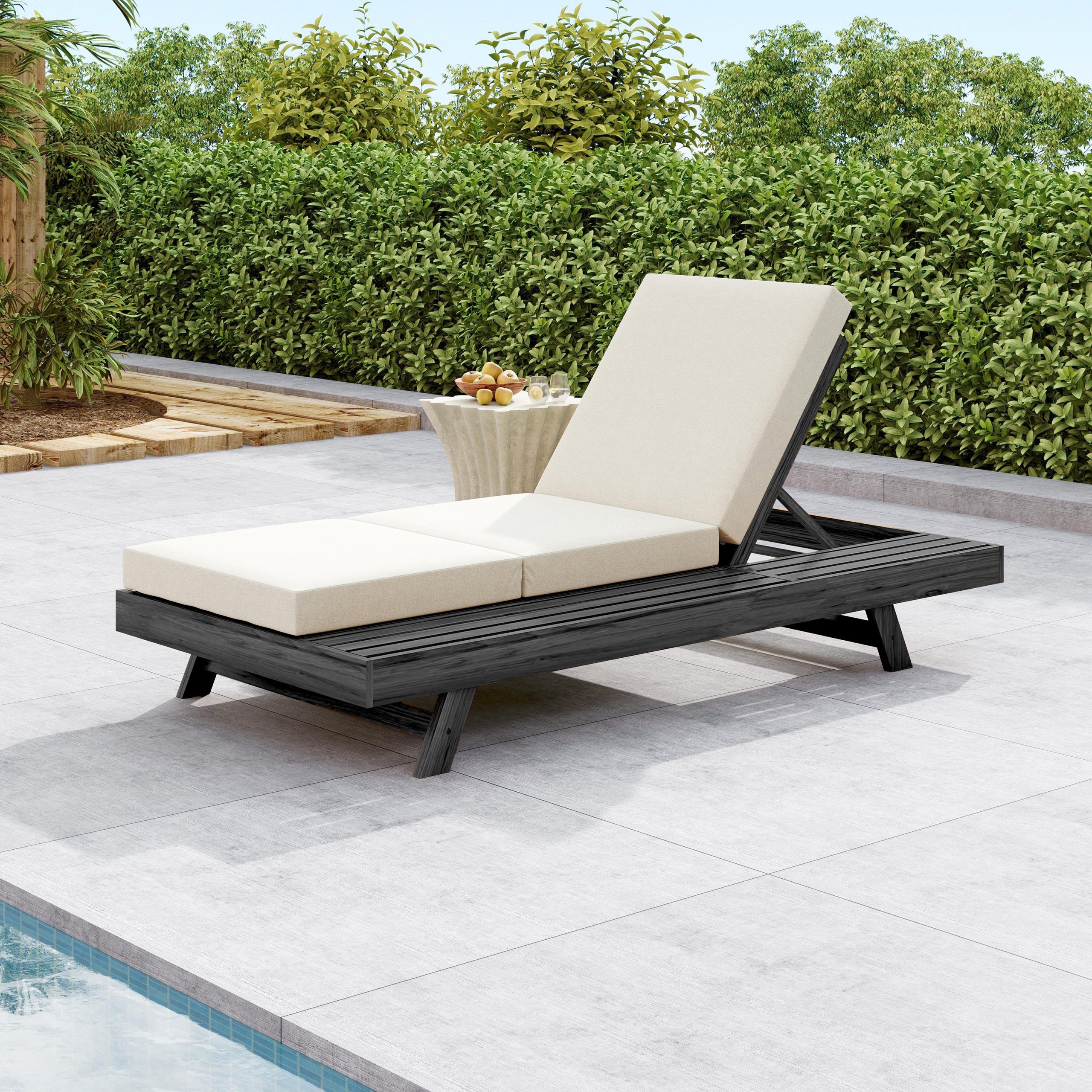 Lounge Chaise Set, Space Available On One Side, Acacia Solid Wood In Black With Lounge Cushion (Cream & Triple Fold) – Matching Dark Grey Version Available - Image 2