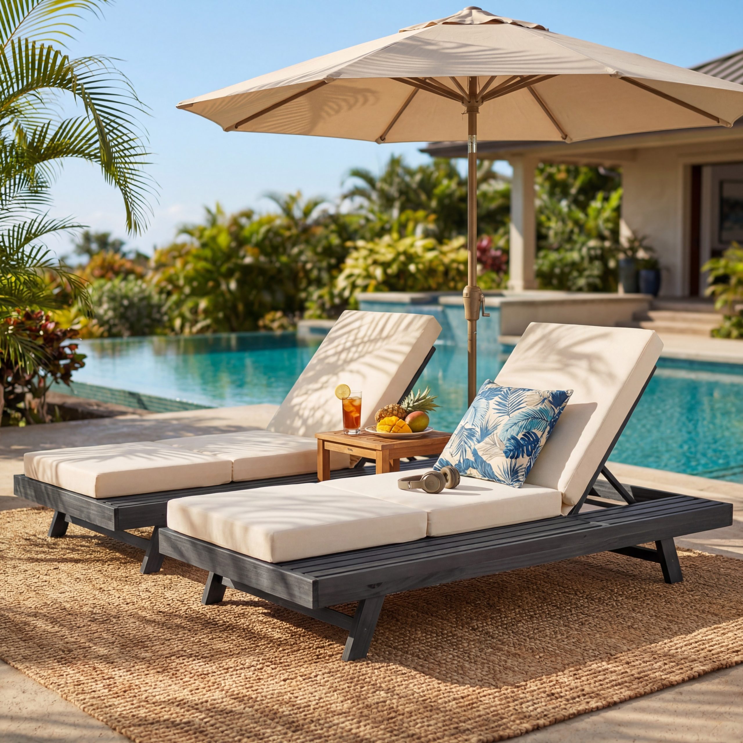 Lounge Chaise Set, Space Available On One Side, Acacia Solid Wood In Black With Lounge Cushion (Cream & Triple Fold) – Matching Dark Grey Version Available - Image 6