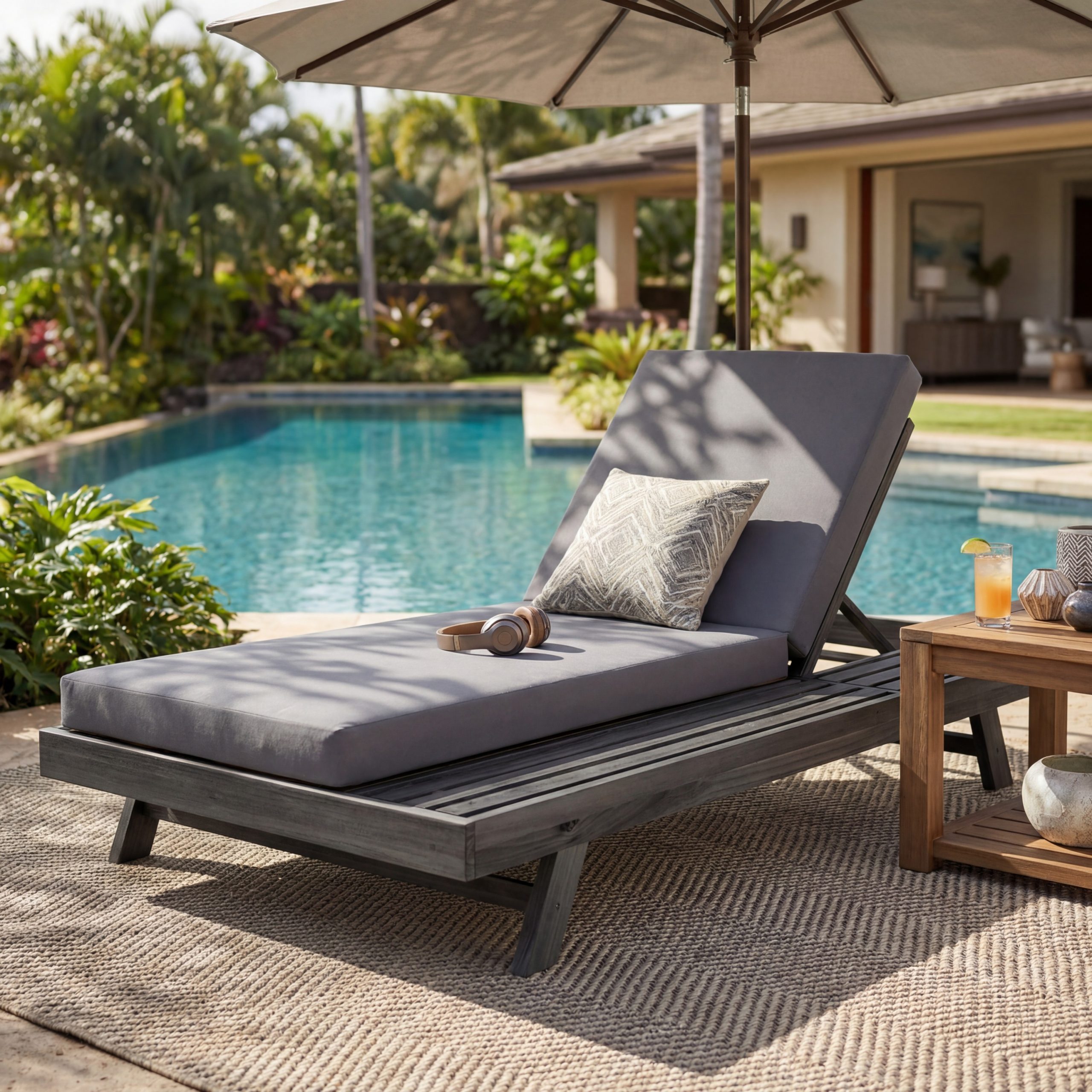 Lounge Chaise Set, Space Available On One Side, Acacia Wood In Black With Water-Resistant Lounge Cushions (Dark Grey & 4 Inch Thick) – Matching Cream Version Available - Image 1