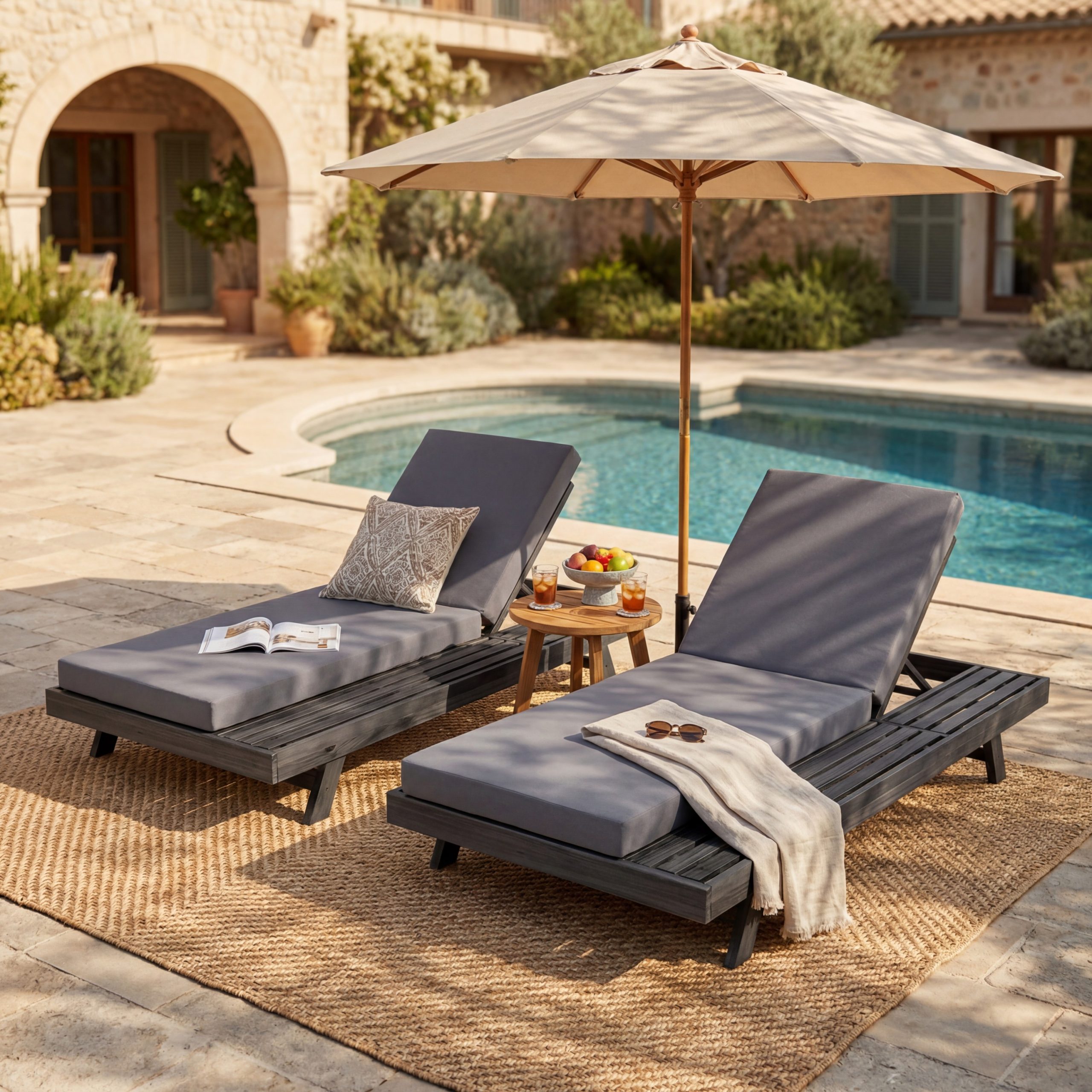 Lounge Chaise Set, Space Available On One Side, Acacia Wood In Black With Water-Resistant Lounge Cushions (Dark Grey & 4 Inch Thick) – Matching Cream Version Available - Image 5