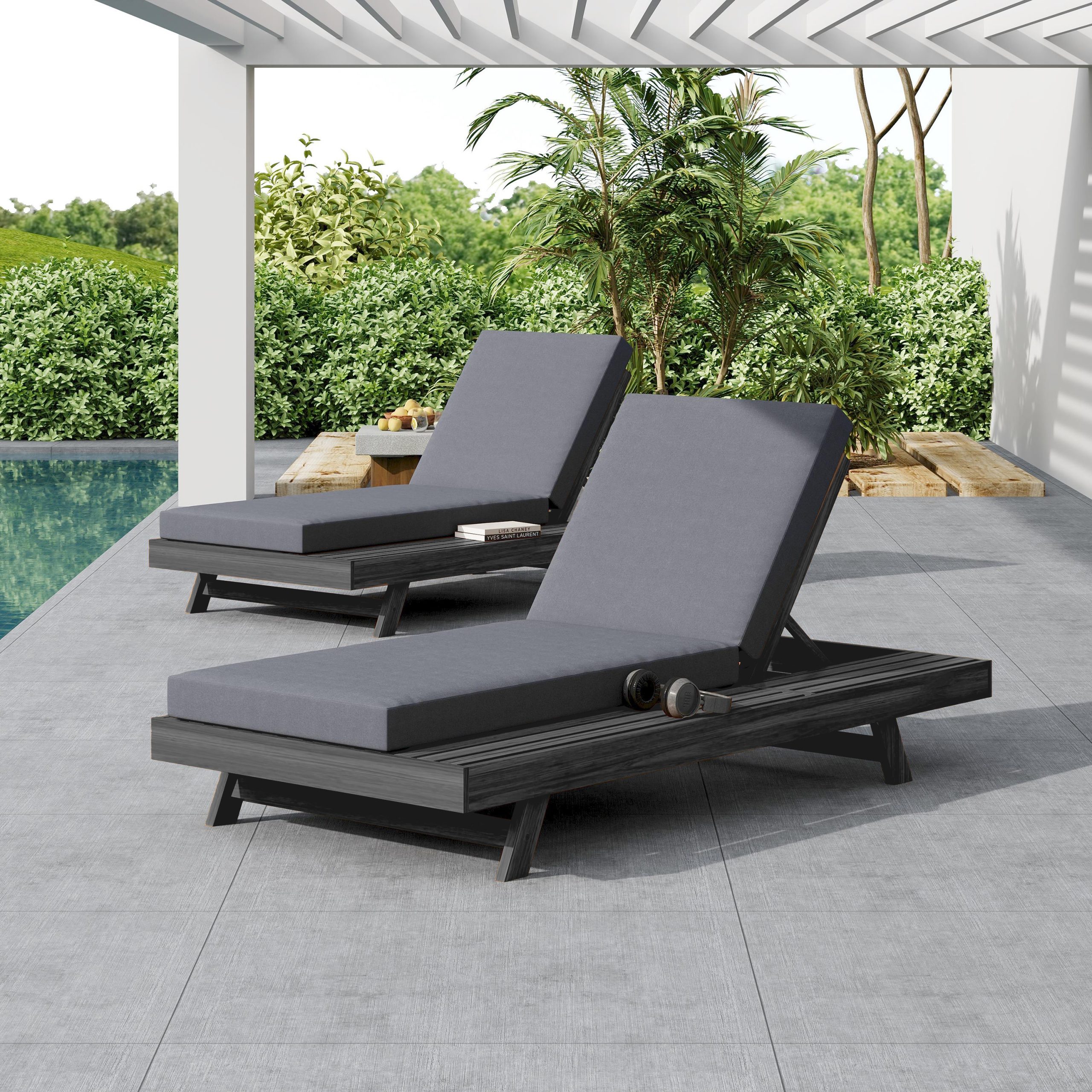 Lounge Chaise Set, Space Available On One Side, Acacia Wood In Black With Water-Resistant Lounge Cushions (Dark Grey & 4 Inch Thick) – Matching Cream Version Available - Image 6
