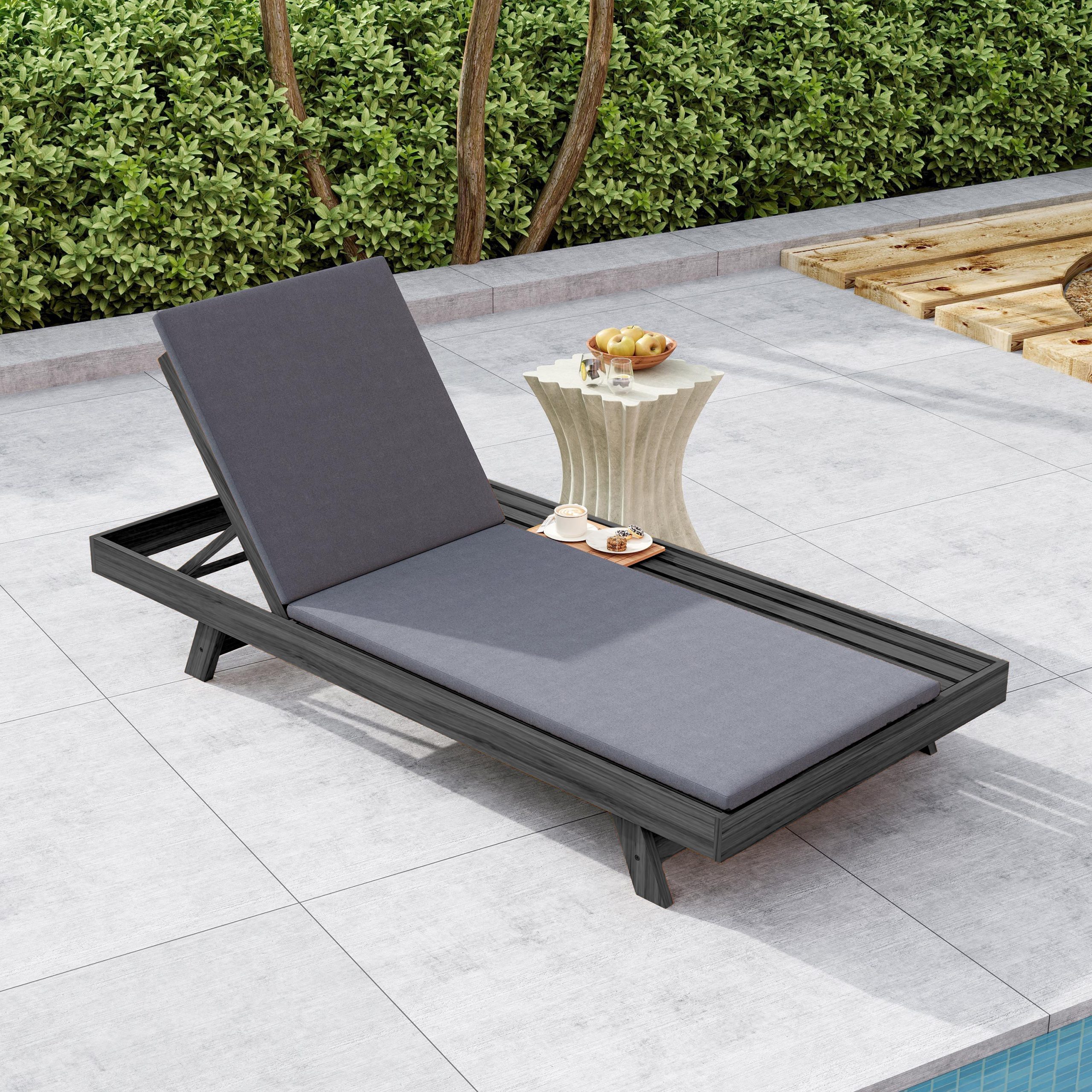 Lounge Chaise Set, Space Available On One Side, Acacia Wood In Black With Water-Resistant Lounge Cushions (Dark Grey & 2 Inch Thick) – Matching Cream/Leaf Coconut Version Available - Image 4