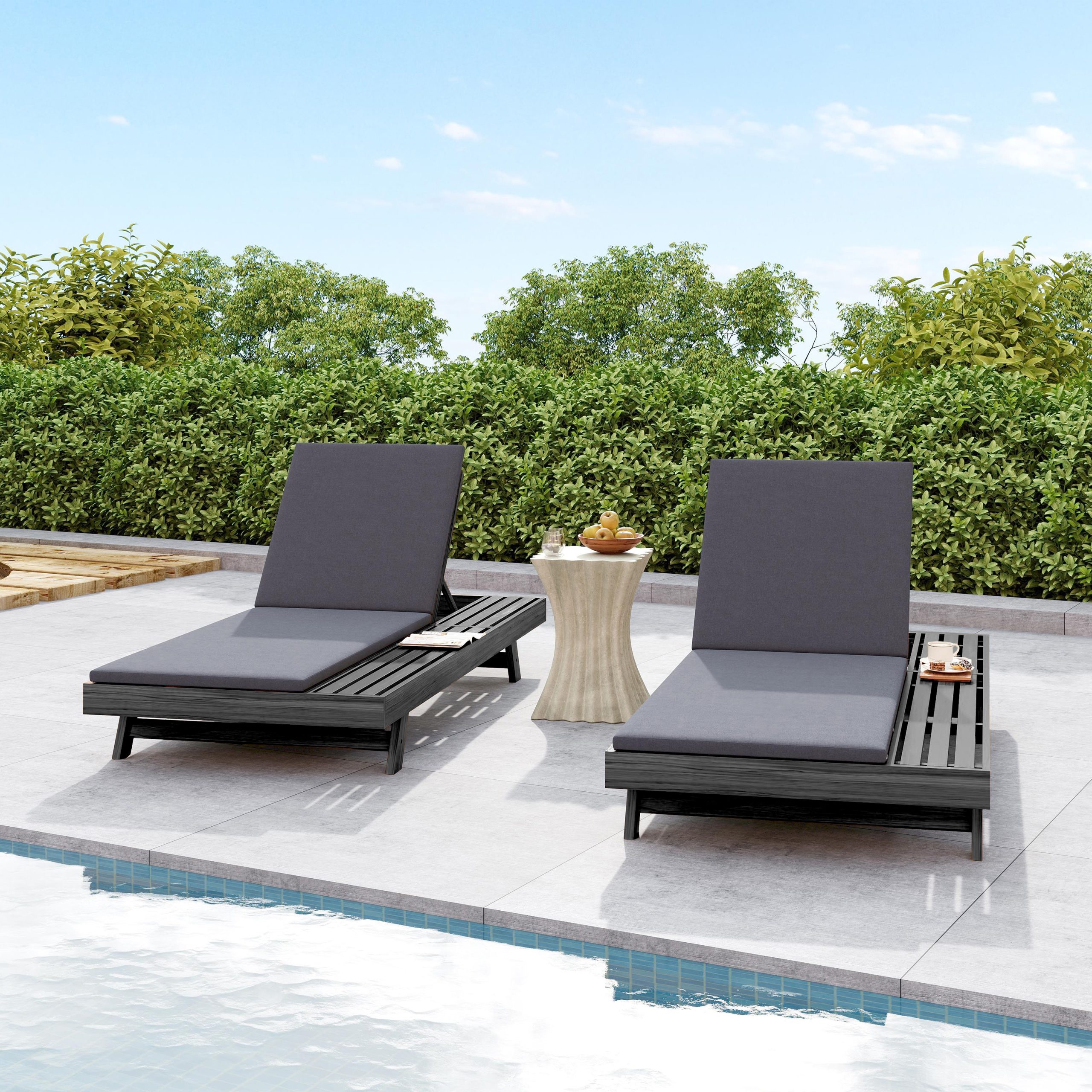 Lounge Chaise Set, Space Available On One Side, Acacia Wood In Black With Water-Resistant Lounge Cushions (Dark Grey & 2 Inch Thick) – Matching Cream/Leaf Coconut Version Available - Image 5