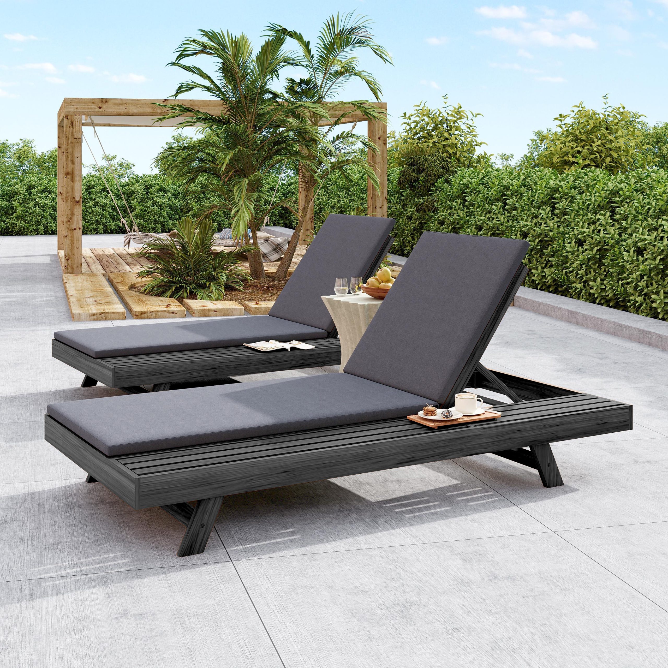 Lounge Chaise Set, Space Available On One Side, Acacia Wood In Black With Water-Resistant Lounge Cushions (Dark Grey & 2 Inch Thick) – Matching Cream/Leaf Coconut Version Available - Image 6