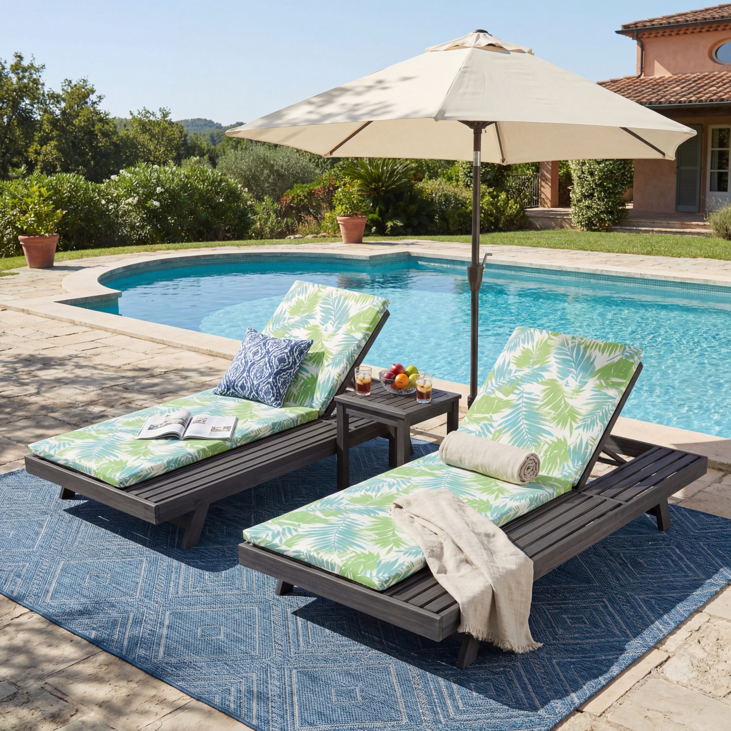 Lounge Chaise Set, Space Available On One Side, Acacia Wood In Black With Water-Resistant Lounge Cushions (Leaf Coconut & 2 Inch Thick) – Matching Cream/Dark Grey Version Available - Image 5