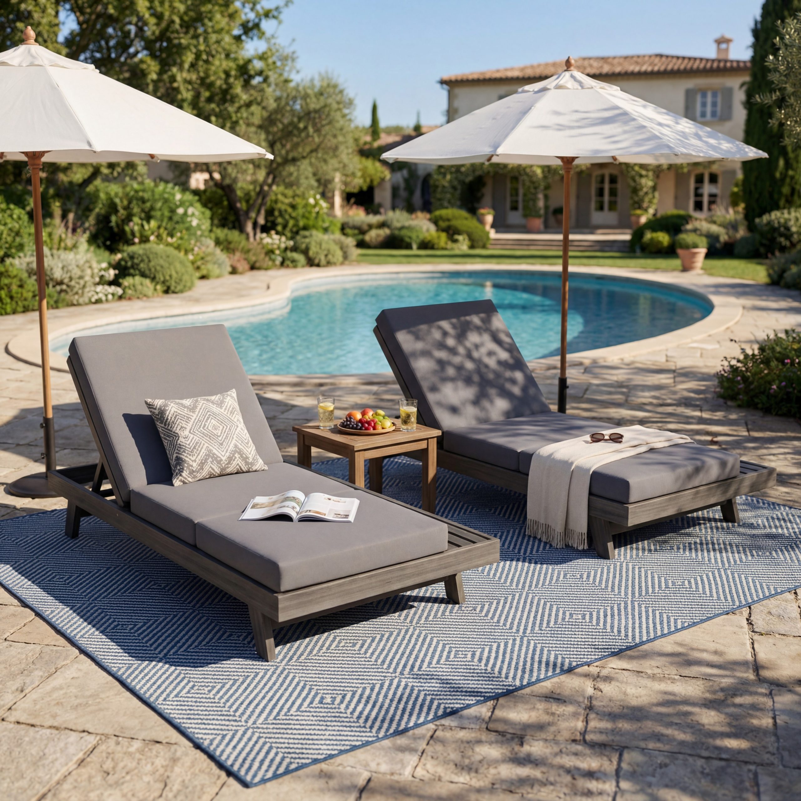 Lounge Chaise Set, Space Available On One Side, Acacia Solid Wood In Black With Lounge Cushion (Dark Grey & Triple Fold) – Matching Cream Version Available - Image 5
