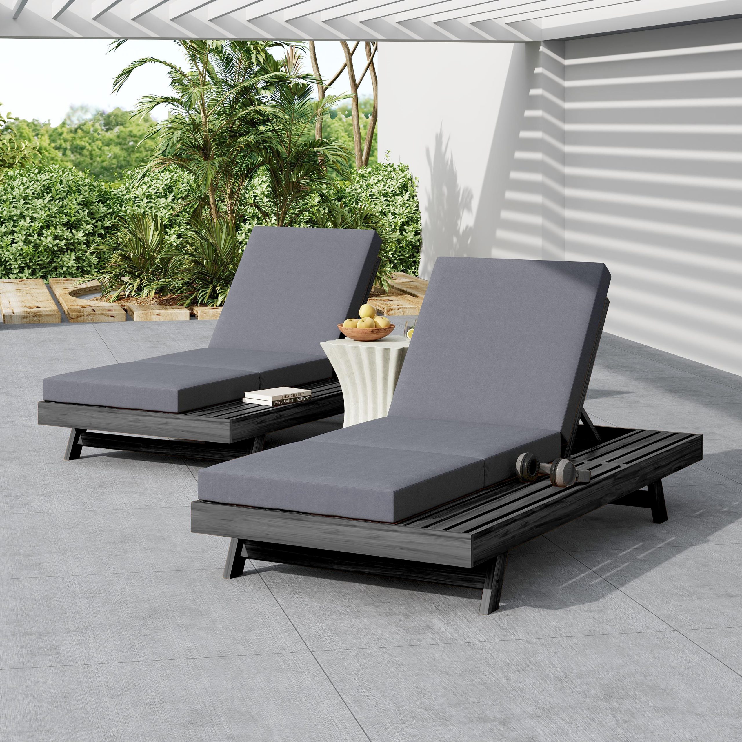 Lounge Chaise Set, Space Available On One Side, Acacia Solid Wood In Black With Lounge Cushion (Dark Grey & Triple Fold) – Matching Cream Version Available - Image 6