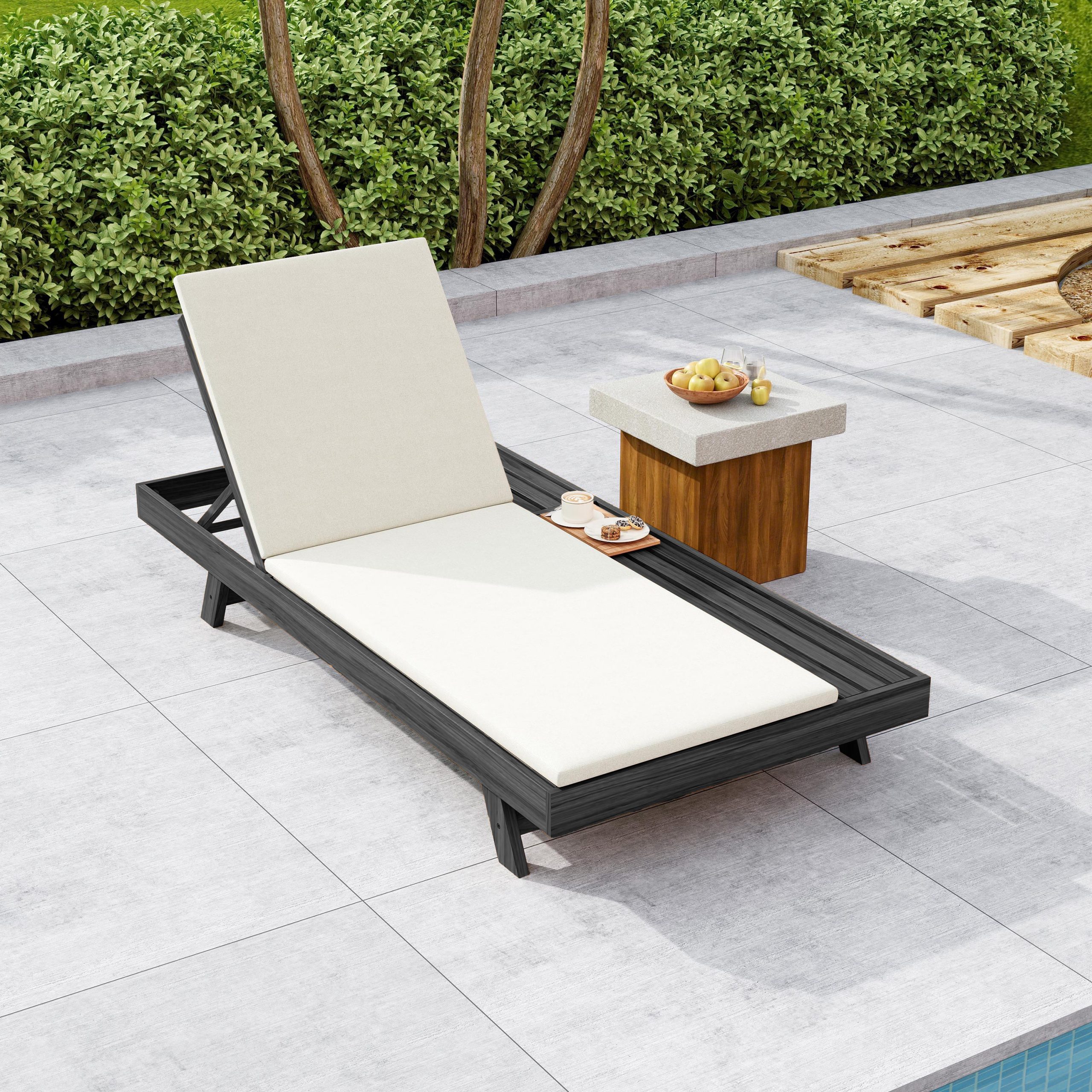 Lounge Chaise Set, Space Available On One Side, Acacia Wood In Black With Water-Resistant Lounge Cushions (Cream & 2 Inch Thick) – Matching Dark Grey/Leaf Coconut Version Available - Image 4