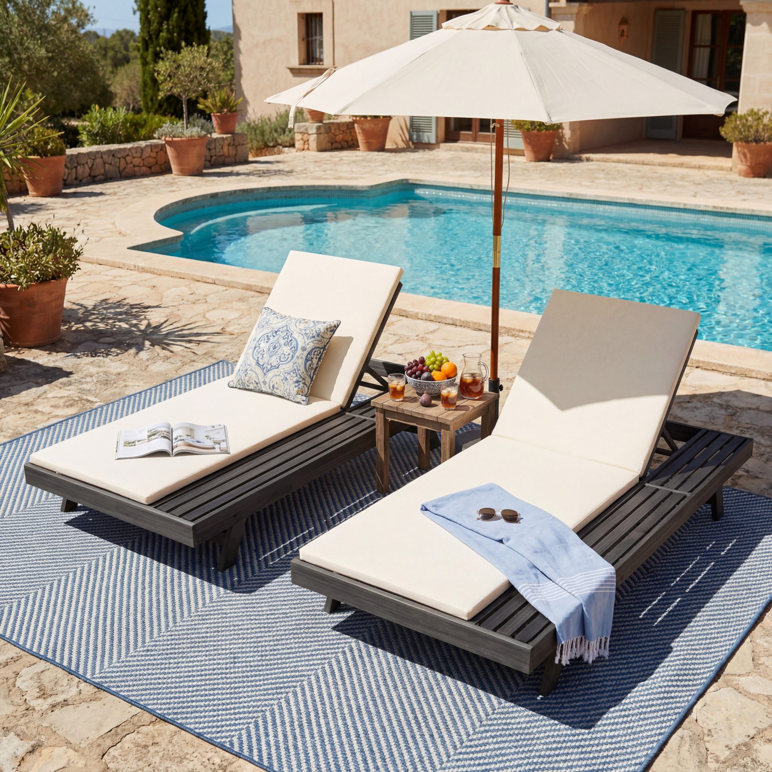 Lounge Chaise Set, Space Available On One Side, Acacia Wood In Black With Water-Resistant Lounge Cushions (Cream & 2 Inch Thick) – Matching Dark Grey/Leaf Coconut Version Available - Image 6