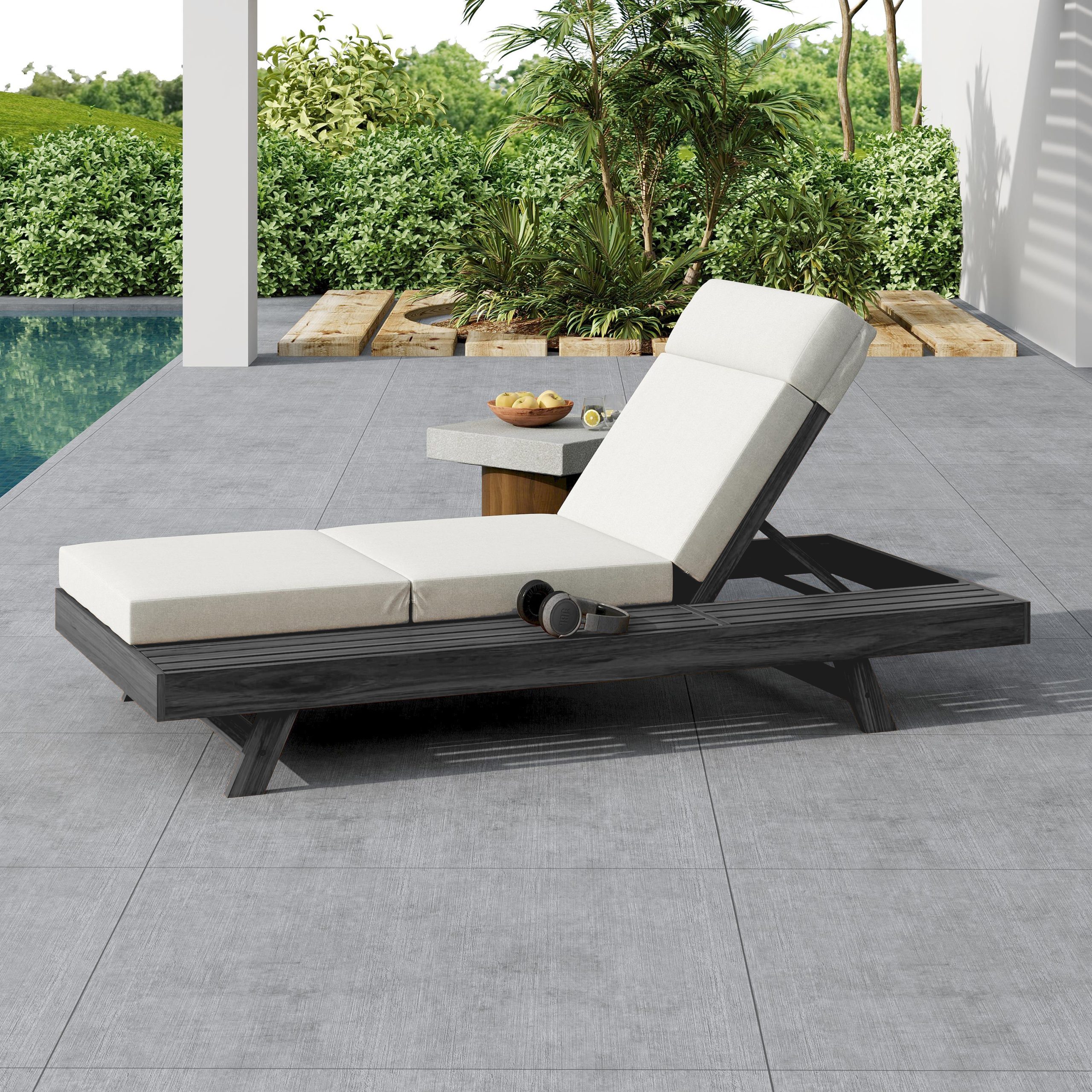 Lounge Chaise Set With Headrest, Space Available On One Side, Acacia Wood In Black With Water-Resistant Lounge Cushions (Cream & 3-Fold & 4 Inch) – Matching Dark Grey/Beige Version Available - Image 2