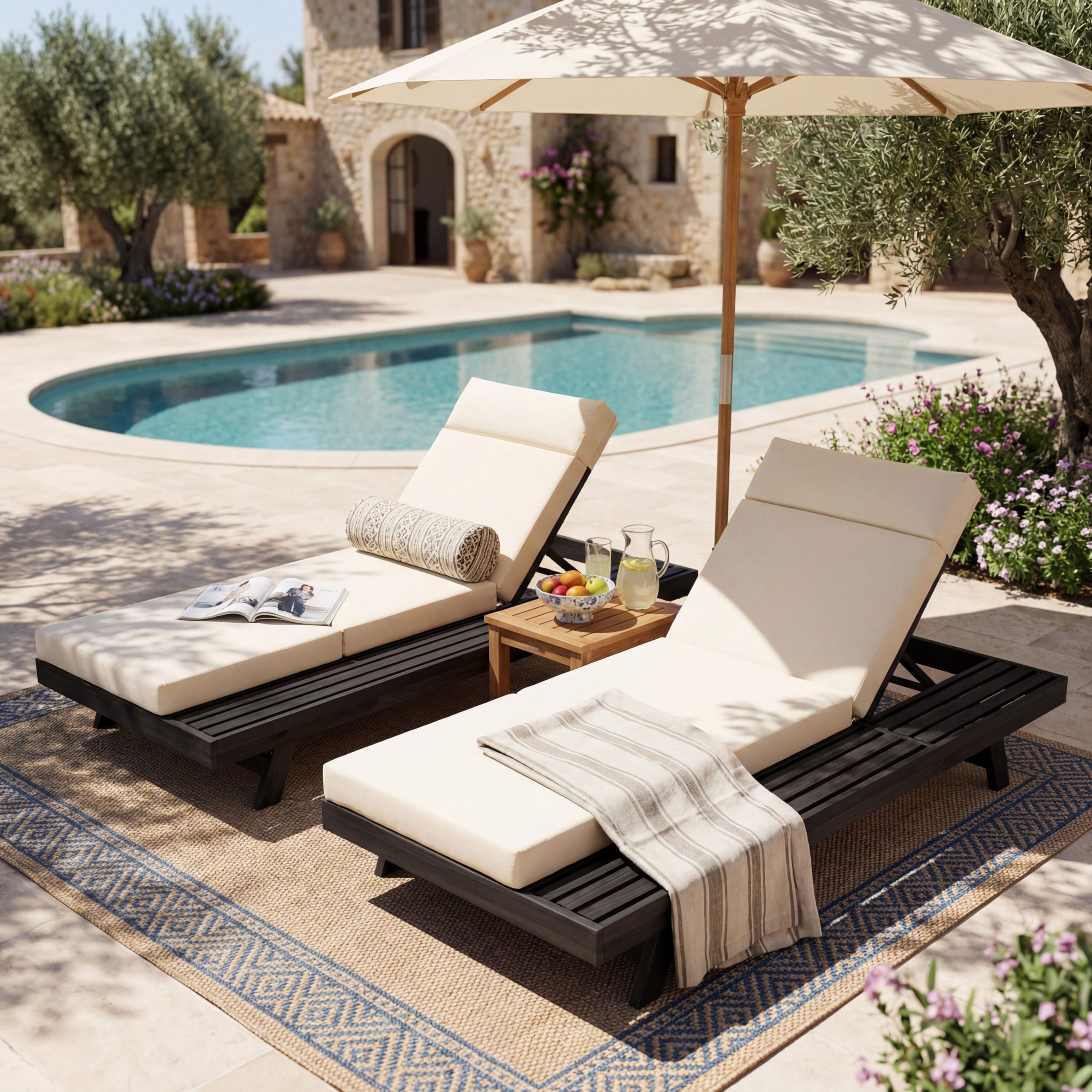 Lounge Chaise Set With Headrest, Space Available On One Side, Acacia Wood In Black With Water-Resistant Lounge Cushions (Cream & 3-Fold & 4 Inch) – Matching Dark Grey/Beige Version Available - Image 5