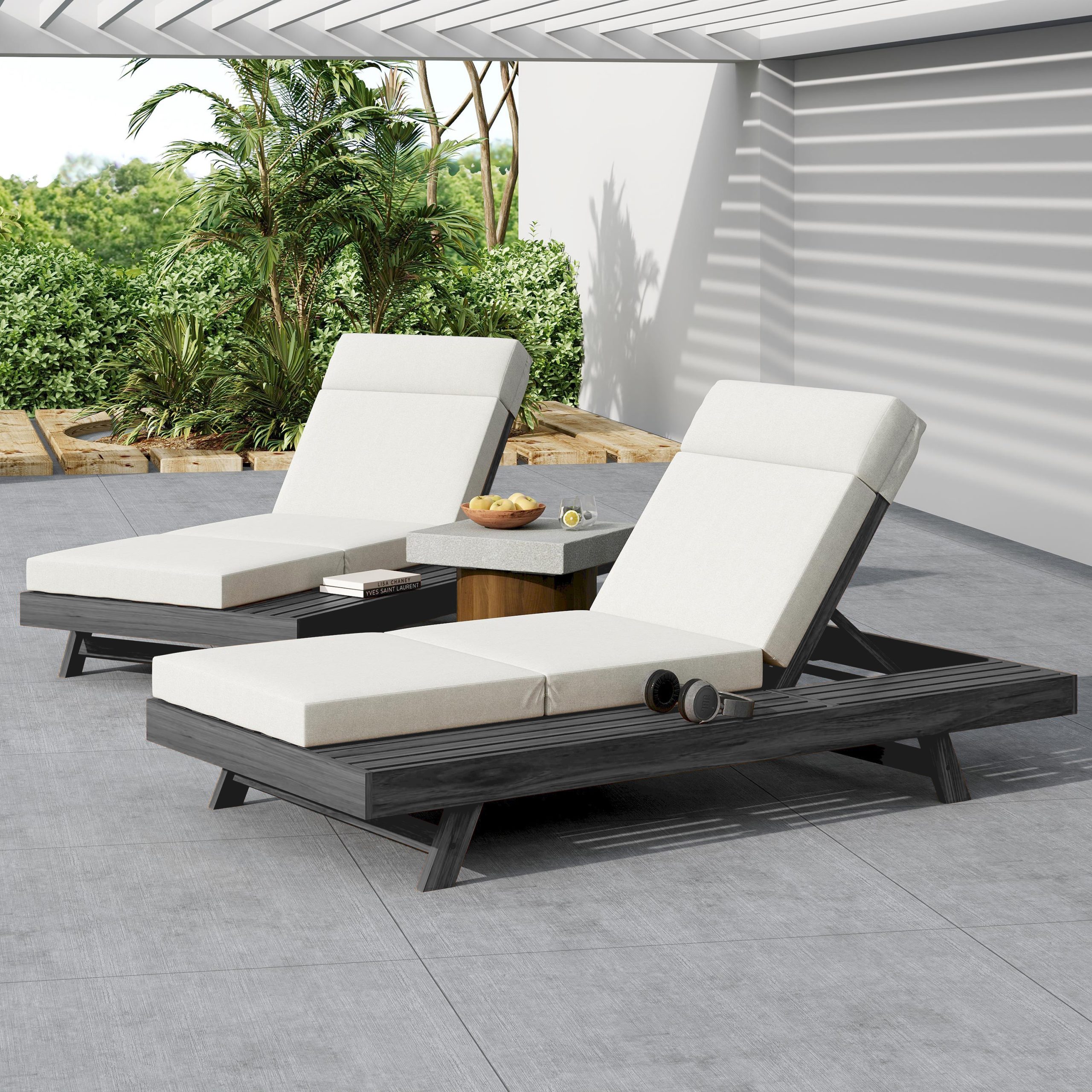 Lounge Chaise Set With Headrest, Space Available On One Side, Acacia Wood In Black With Water-Resistant Lounge Cushions (Cream & 3-Fold & 4 Inch) – Matching Dark Grey/Beige Version Available - Image 6