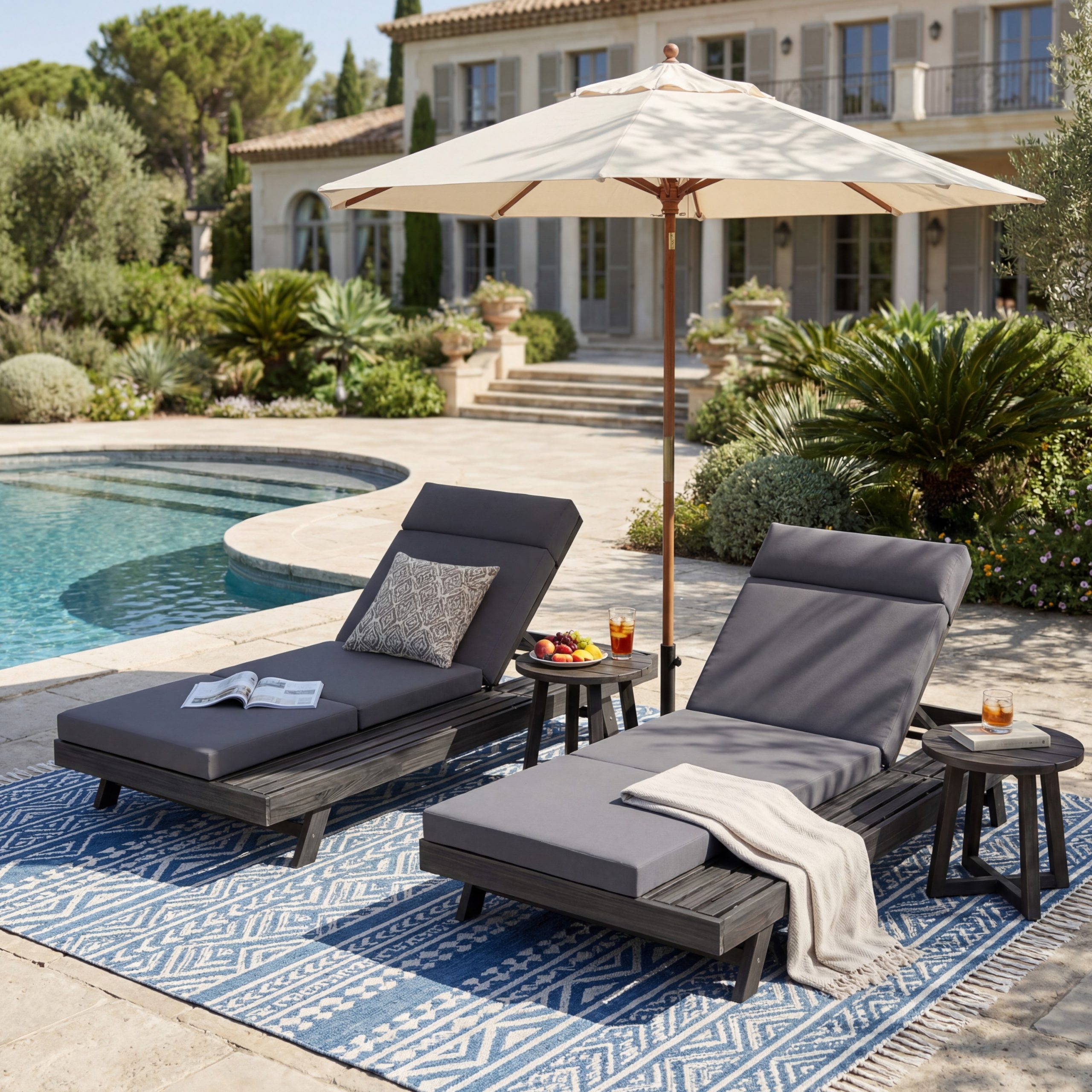 Lounge Chaise Set With Headrest, Space Available On One Side, Acacia Wood In Black With Water-Resistant Lounge Cushions (Dark Grey & 3-Fold & 4 Inch) – Matching Cream/Beige Version Available - Image 2