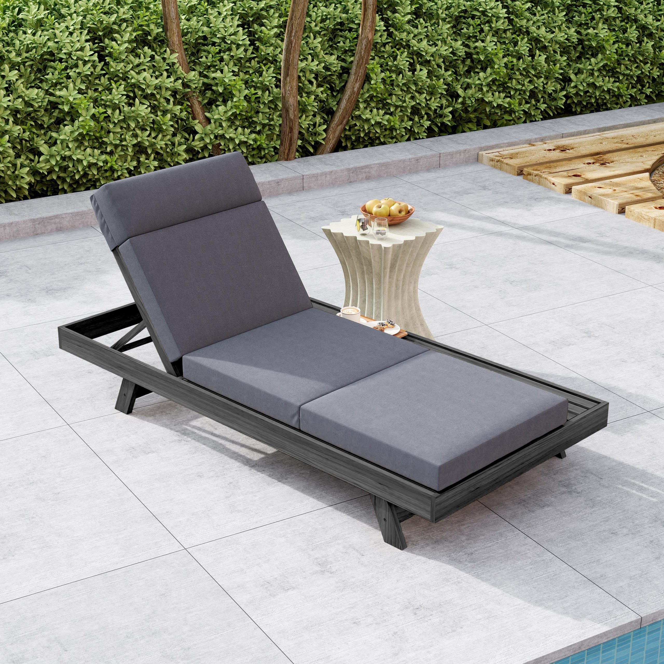 Lounge Chaise Set With Headrest, Space Available On One Side, Acacia Wood In Black With Water-Resistant Lounge Cushions (Dark Grey & 3-Fold & 4 Inch) – Matching Cream/Beige Version Available - Image 5