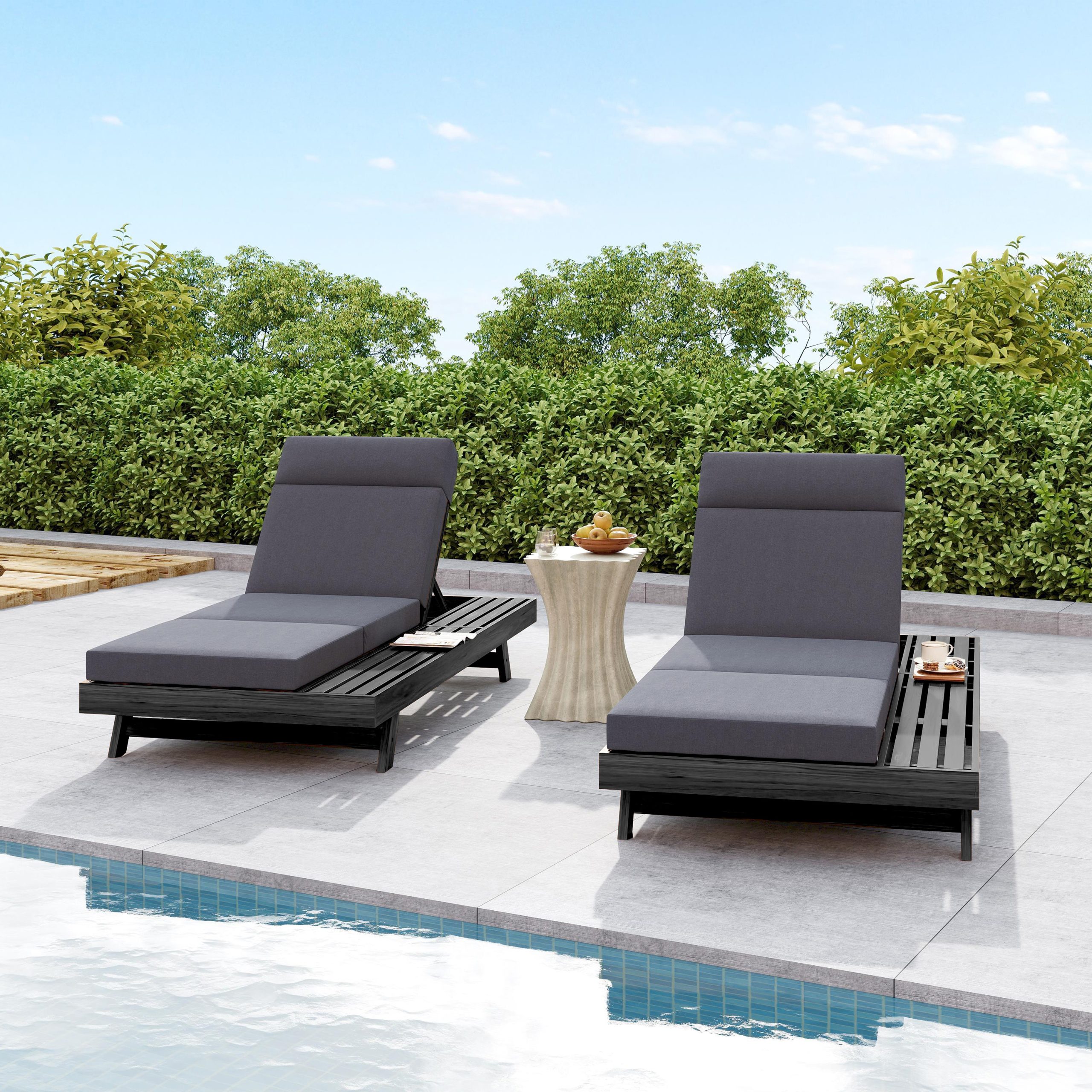 Lounge Chaise Set With Headrest, Space Available On One Side, Acacia Wood In Black With Water-Resistant Lounge Cushions (Dark Grey & 3-Fold & 4 Inch) – Matching Cream/Beige Version Available - Image 6