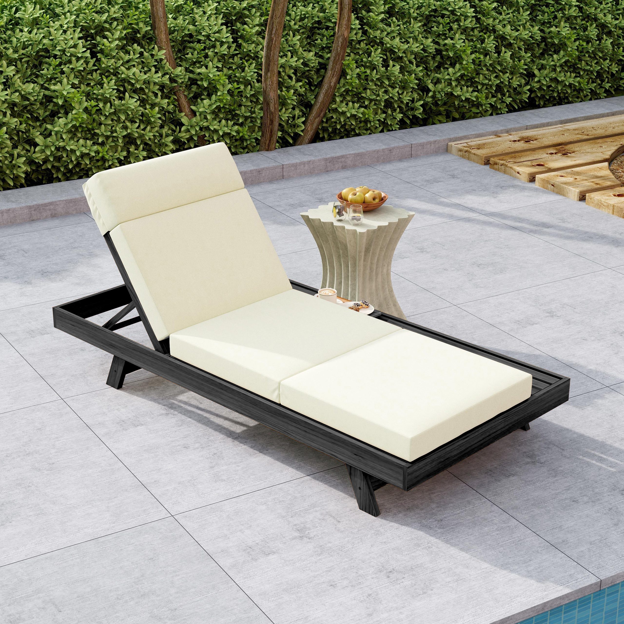 Lounge Chaise Set With Headrest, Space Available On One Side, Acacia Wood In Black With Water-Resistant Lounge Cushions (Beige & 3-Fold & 4 Inch) – Matching Dark Grey/Cream Version Available - Image 4