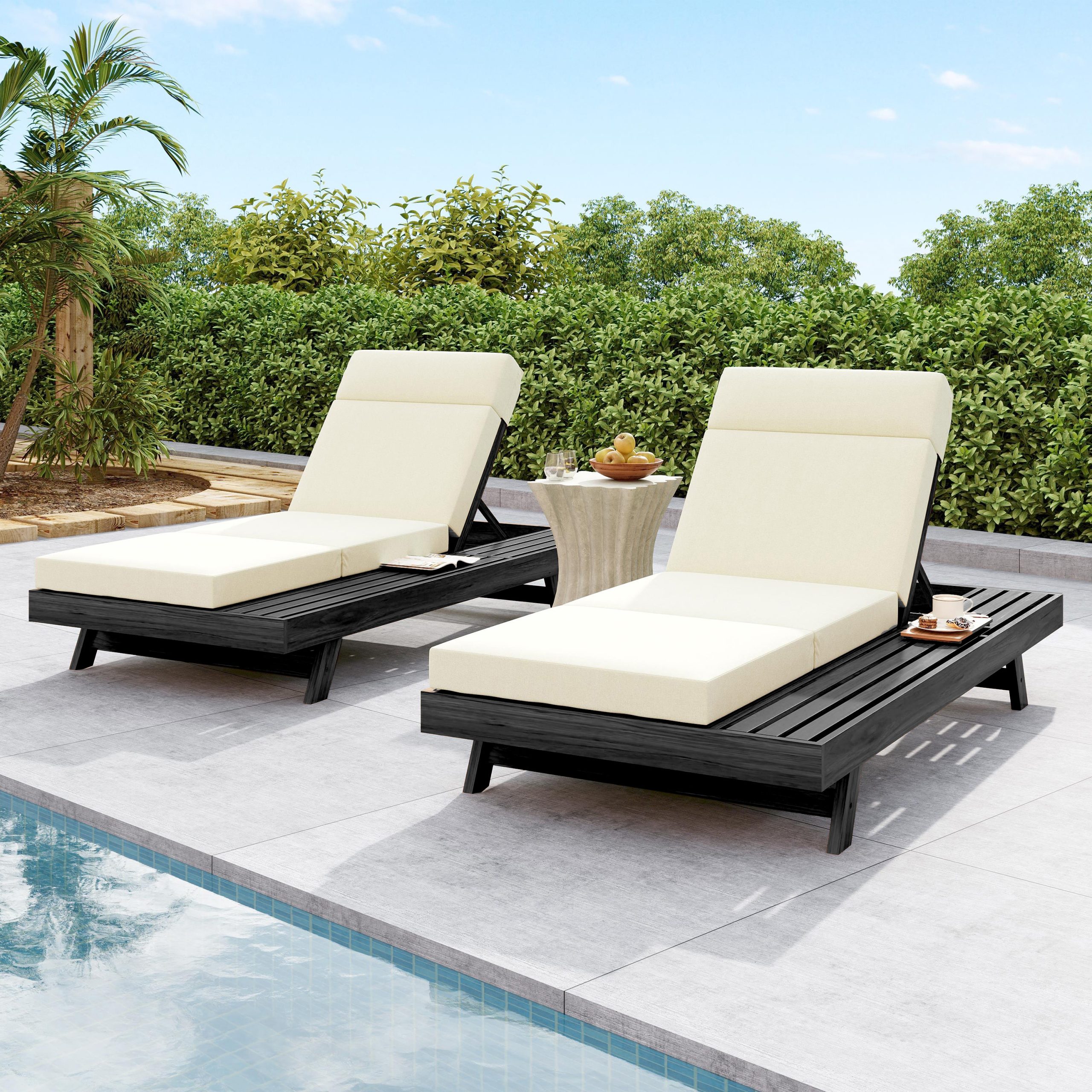 Lounge Chaise Set With Headrest, Space Available On One Side, Acacia Wood In Black With Water-Resistant Lounge Cushions (Beige & 3-Fold & 4 Inch) – Matching Dark Grey/Cream Version Available - Image 6