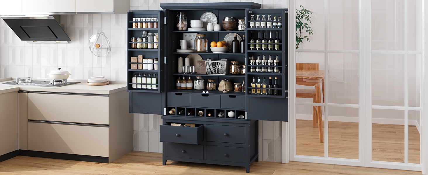 [Assembly&Show Video Available] TOPMAX Freestanding Large Kitchen Pantry Wooden Kitchen Storage Cabinet Cupboard with 8 Door Shelves,3 Adjustable Shelves,7 Drawers& 8 Wine Racks, Gray - Image 2