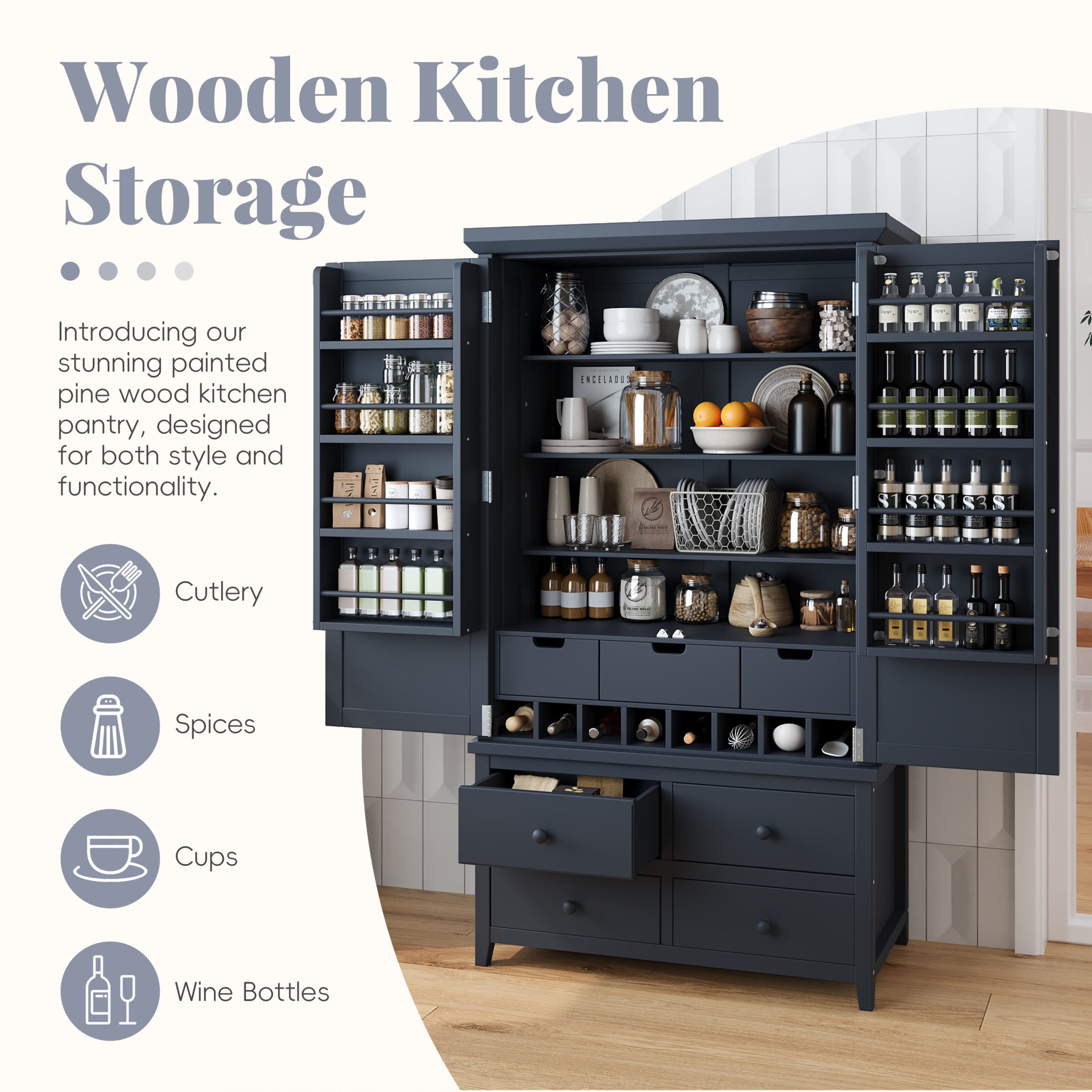 [Assembly&Show Video Available] TOPMAX Freestanding Large Kitchen Pantry Wooden Kitchen Storage Cabinet Cupboard with 8 Door Shelves,3 Adjustable Shelves,7 Drawers& 8 Wine Racks, Gray - Image 4