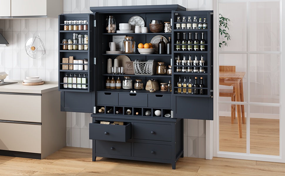 [Assembly&Show Video Available] TOPMAX Freestanding Large Kitchen Pantry Wooden Kitchen Storage Cabinet Cupboard with 8 Door Shelves,3 Adjustable Shelves,7 Drawers& 8 Wine Racks, Gray - Image 3
