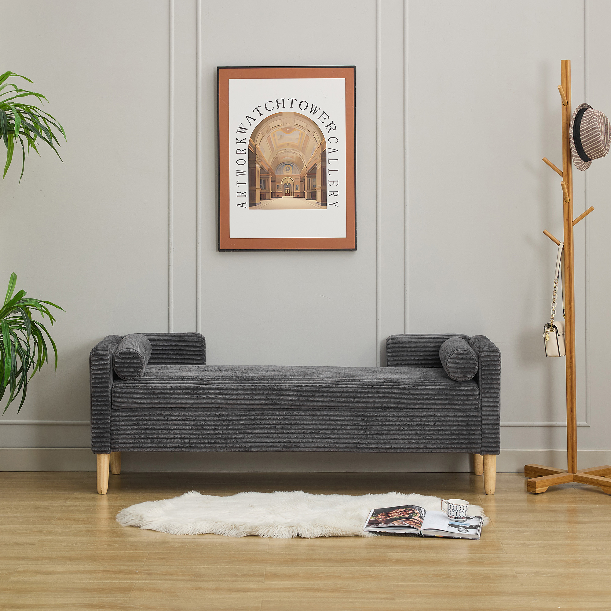 65.35"Wide Upholstered Flip-top Storage Accent Bed Bench, Corduroy Footrest Ottoman with Armrests&Backrest&2 Bolster Pillows Wood Legs for Living Room, End of Bed, Hallway, Entryway Bedroom. Charcoal - Image 2