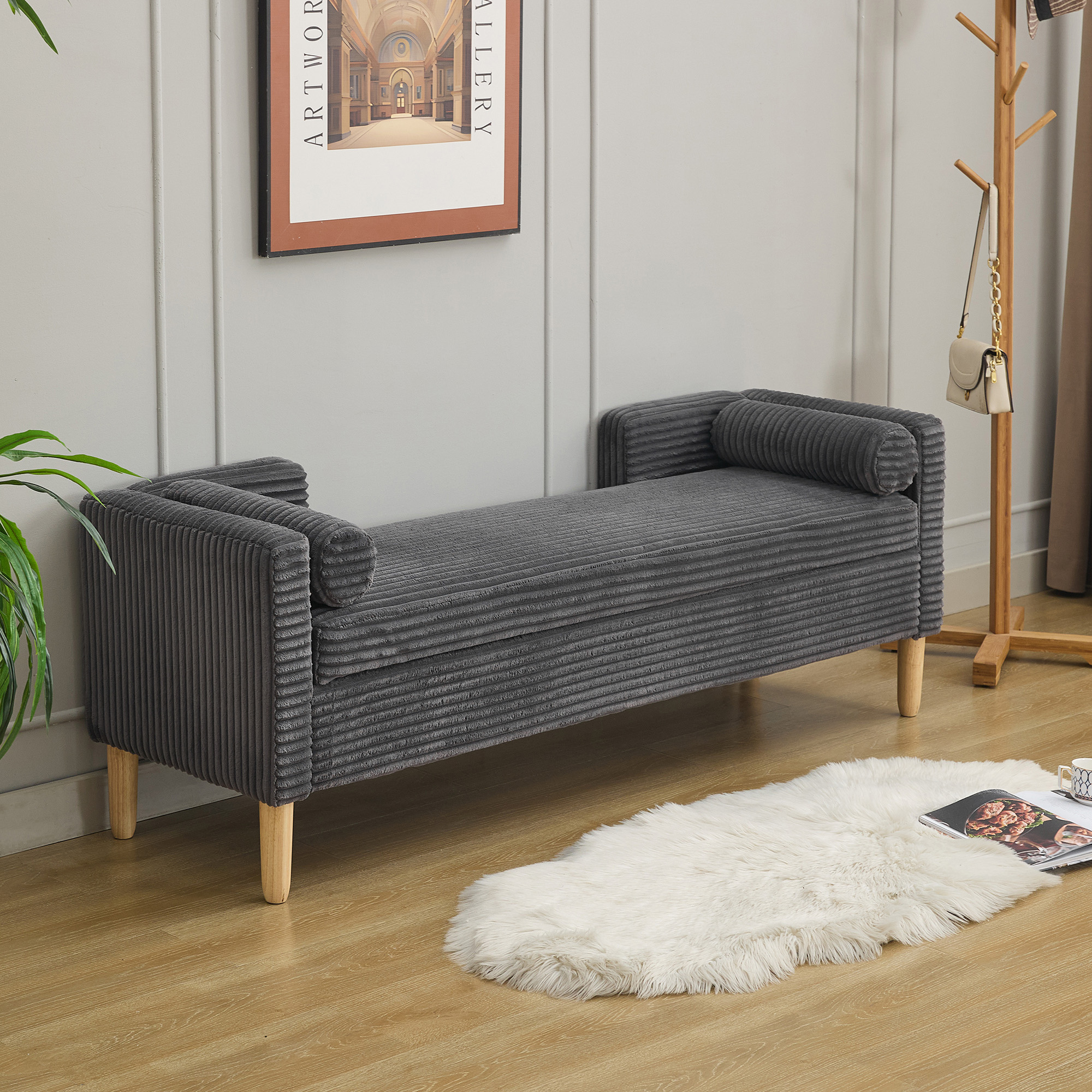 65.35"Wide Upholstered Flip-top Storage Accent Bed Bench, Corduroy Footrest Ottoman with Armrests&Backrest&2 Bolster Pillows Wood Legs for Living Room, End of Bed, Hallway, Entryway Bedroom. Charcoal - Image 3
