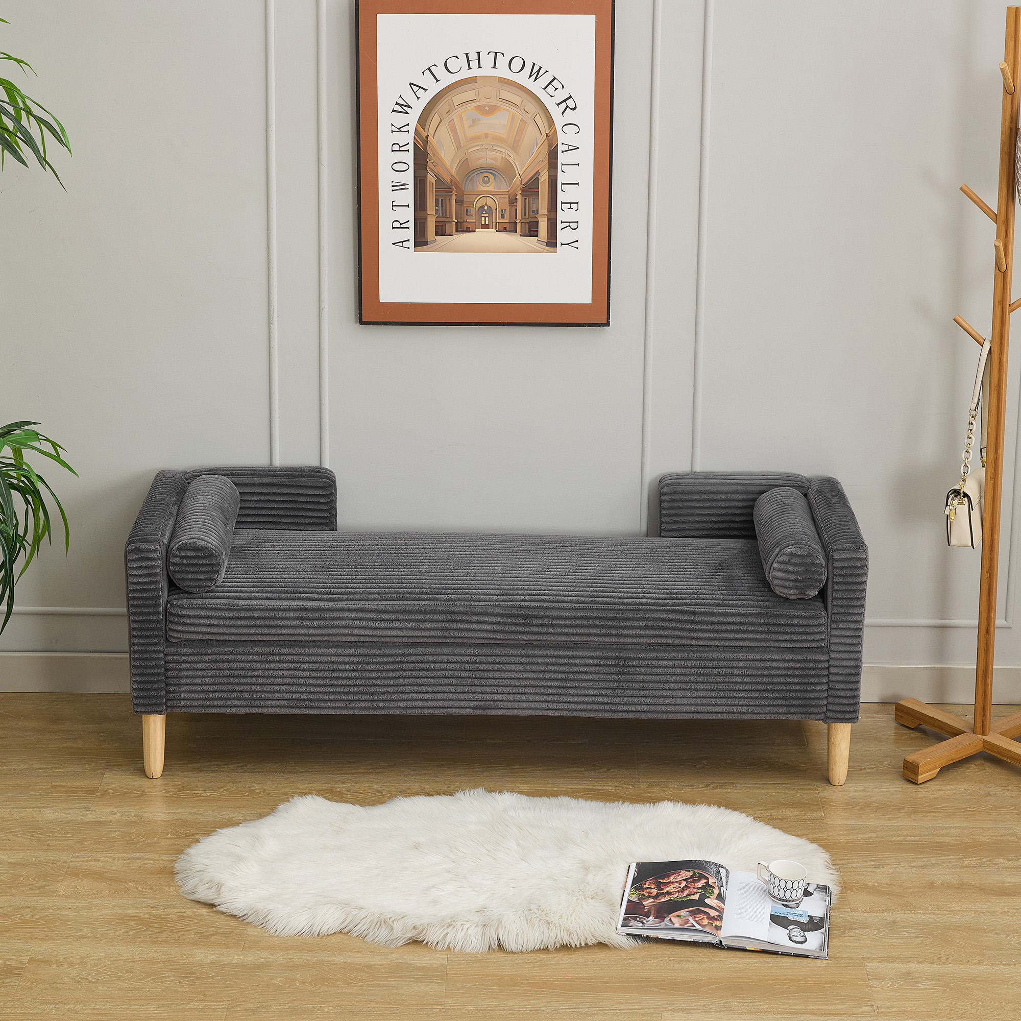 65.35"Wide Upholstered Flip-top Storage Accent Bed Bench, Corduroy Footrest Ottoman with Armrests&Backrest&2 Bolster Pillows Wood Legs for Living Room, End of Bed, Hallway, Entryway Bedroom. Charcoal - Image 4