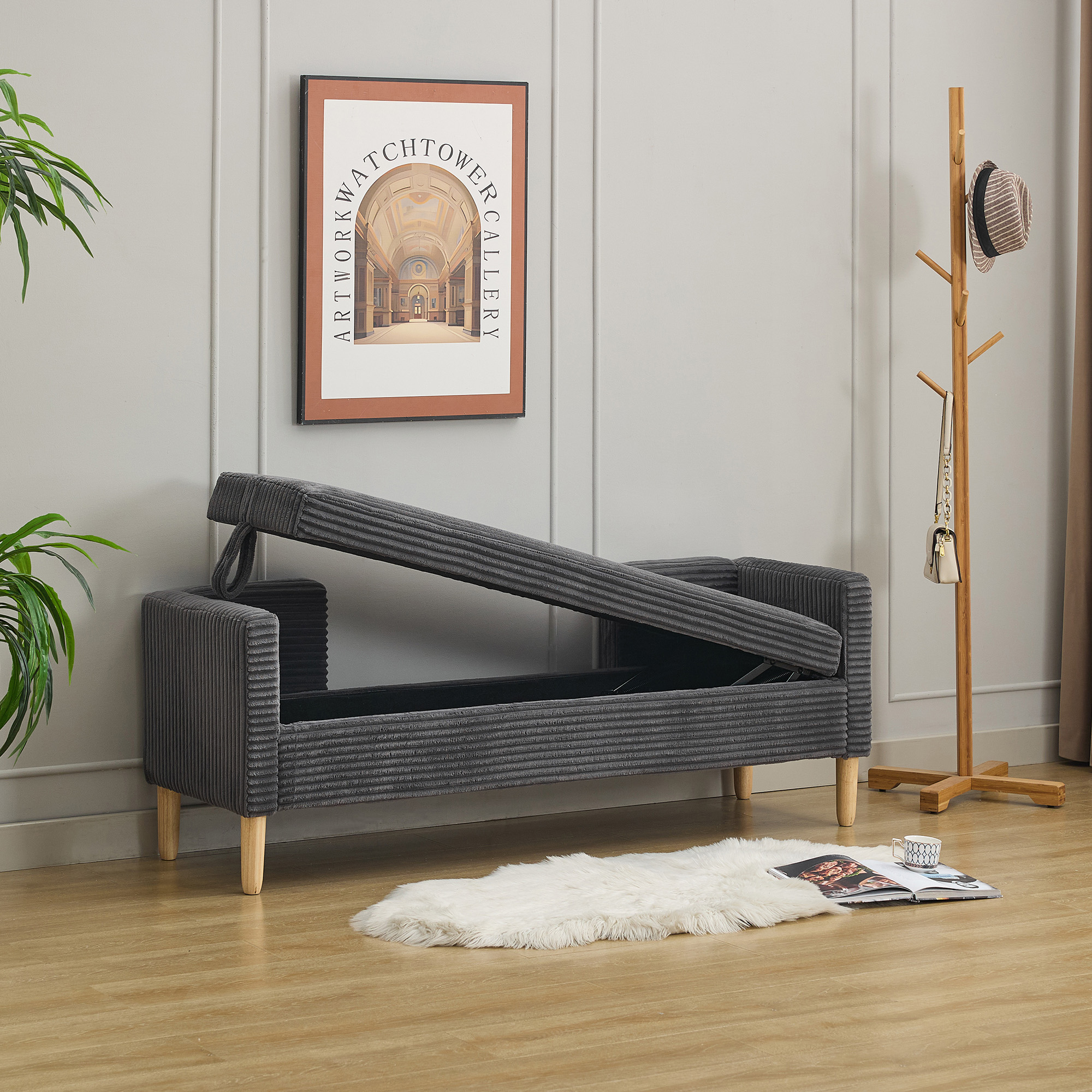 65.35"Wide Upholstered Flip-top Storage Accent Bed Bench, Corduroy Footrest Ottoman with Armrests&Backrest&2 Bolster Pillows Wood Legs for Living Room, End of Bed, Hallway, Entryway Bedroom. Charcoal - Image 5