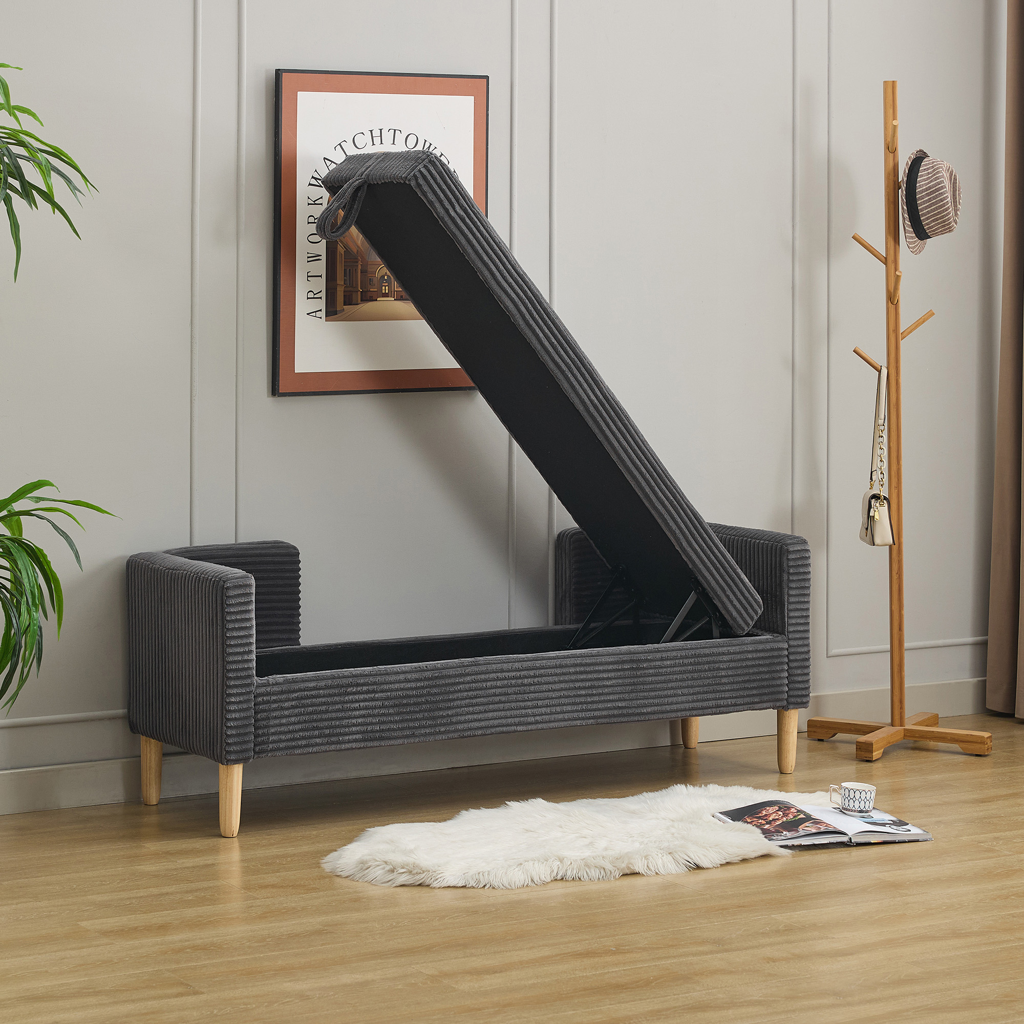 65.35"Wide Upholstered Flip-top Storage Accent Bed Bench, Corduroy Footrest Ottoman with Armrests&Backrest&2 Bolster Pillows Wood Legs for Living Room, End of Bed, Hallway, Entryway Bedroom. Charcoal - Image 6