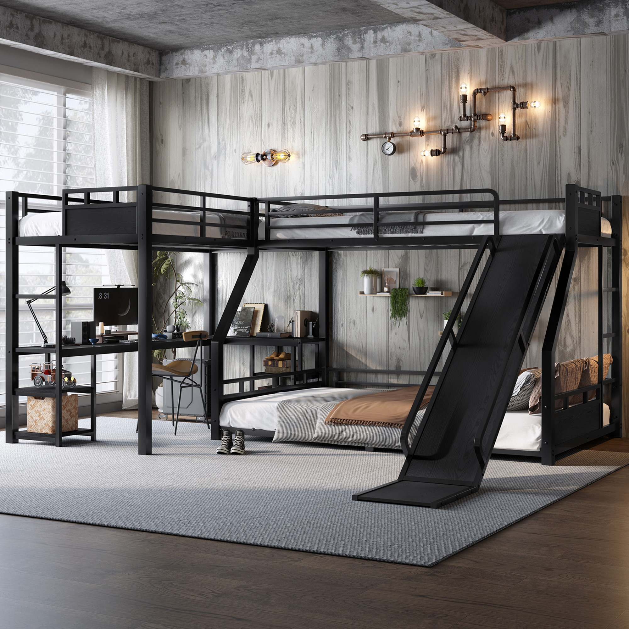 L-Shaped Metal Bunk Bed (Top bed: twin xl, bottom bed: queen) with Single Loft Bed, Desk, and Storage Shelves, USB Charging Port Included - Metal Triple Bunk Bed with Slide,Black - Image 1