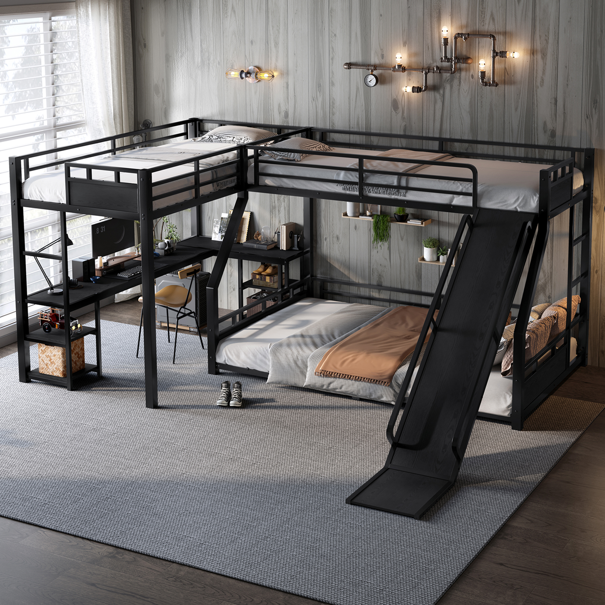 L-Shaped Metal Bunk Bed (Top bed: twin xl, bottom bed: queen) with Single Loft Bed, Desk, and Storage Shelves, USB Charging Port Included - Metal Triple Bunk Bed with Slide,Black - Image 2