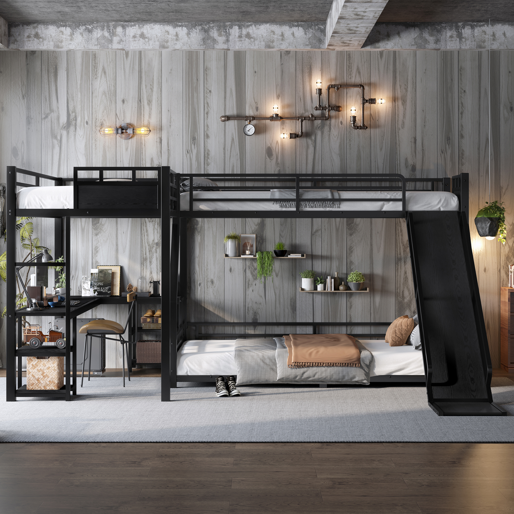 L-Shaped Metal Bunk Bed (Top bed: twin xl, bottom bed: queen) with Single Loft Bed, Desk, and Storage Shelves, USB Charging Port Included - Metal Triple Bunk Bed with Slide,Black - Image 3