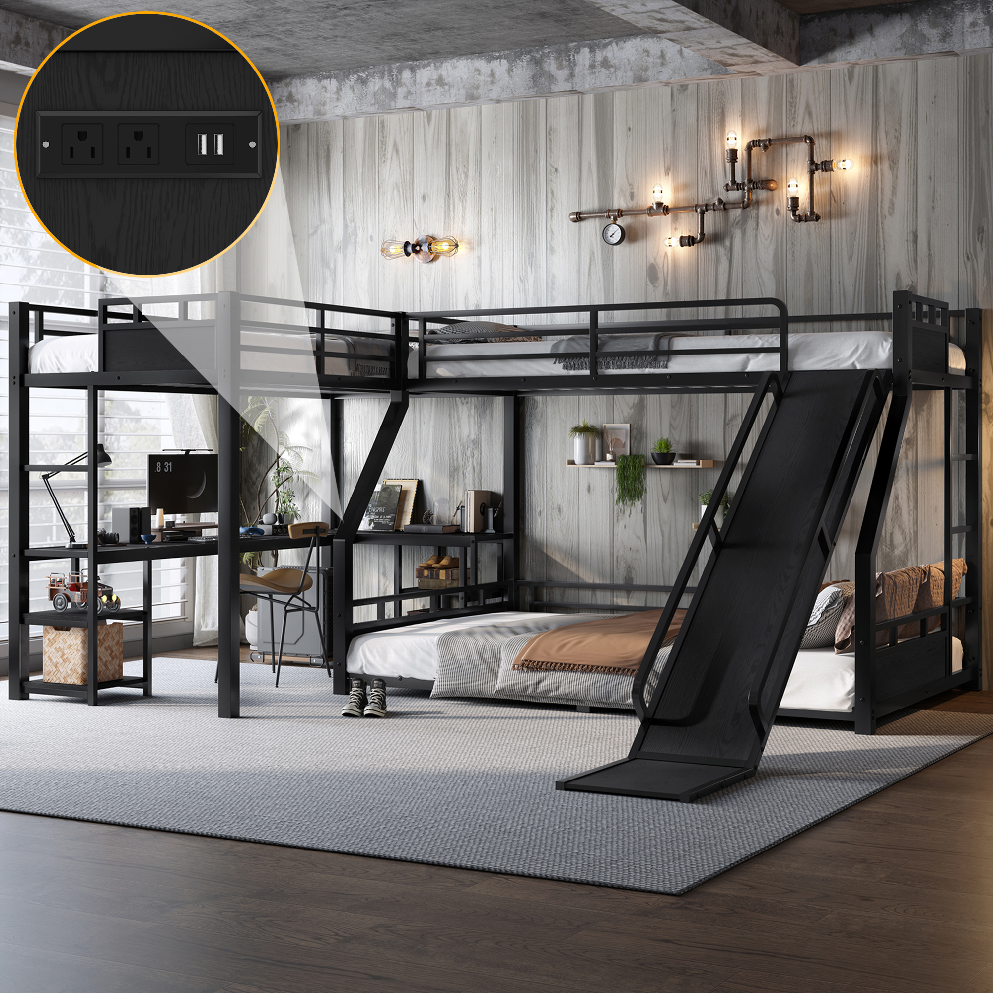 L-Shaped Metal Bunk Bed (Top bed: twin xl, bottom bed: queen) with Single Loft Bed, Desk, and Storage Shelves, USB Charging Port Included - Metal Triple Bunk Bed with Slide,Black - Image 4