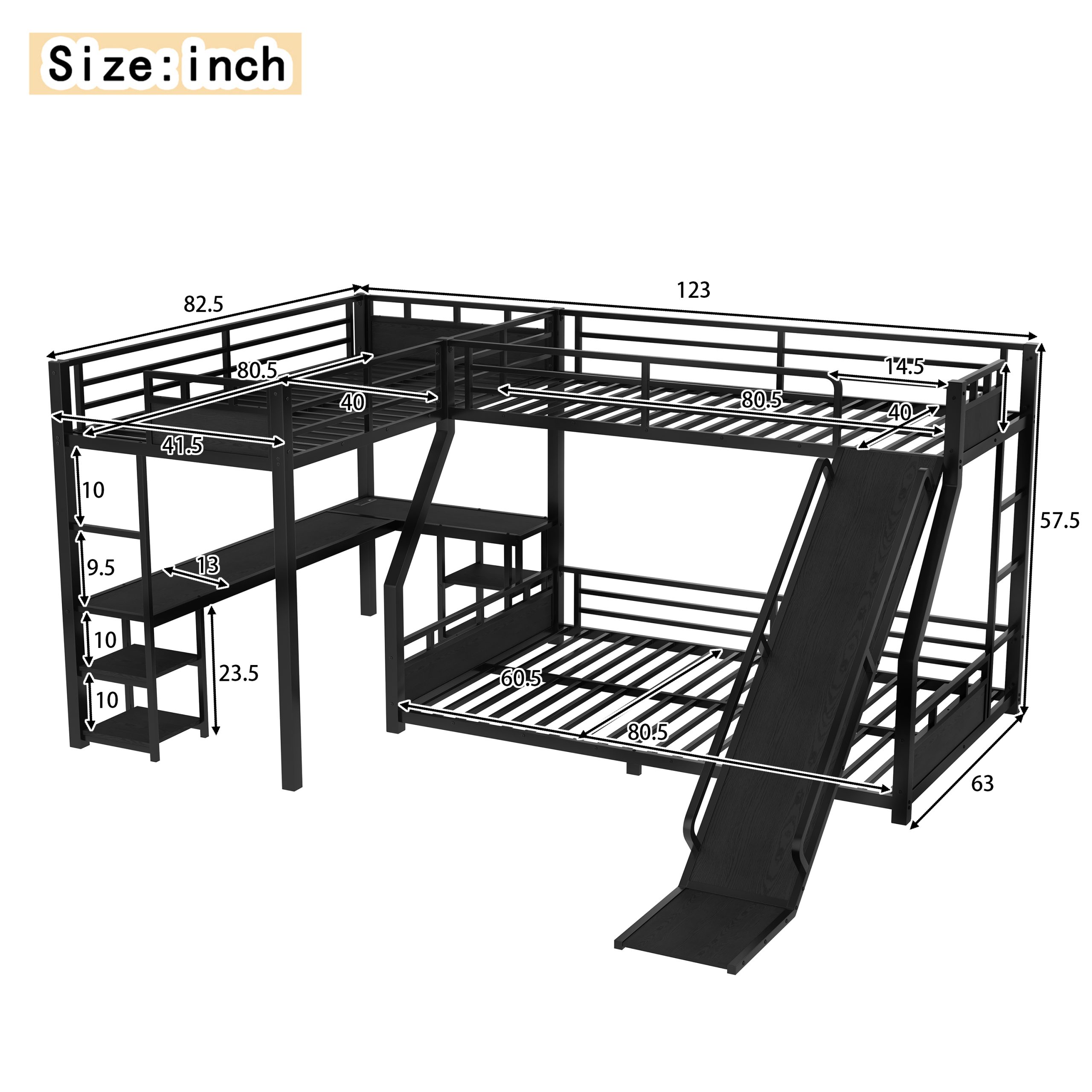L-Shaped Metal Bunk Bed (Top bed: twin xl, bottom bed: queen) with Single Loft Bed, Desk, and Storage Shelves, USB Charging Port Included - Metal Triple Bunk Bed with Slide,Black - Image 5