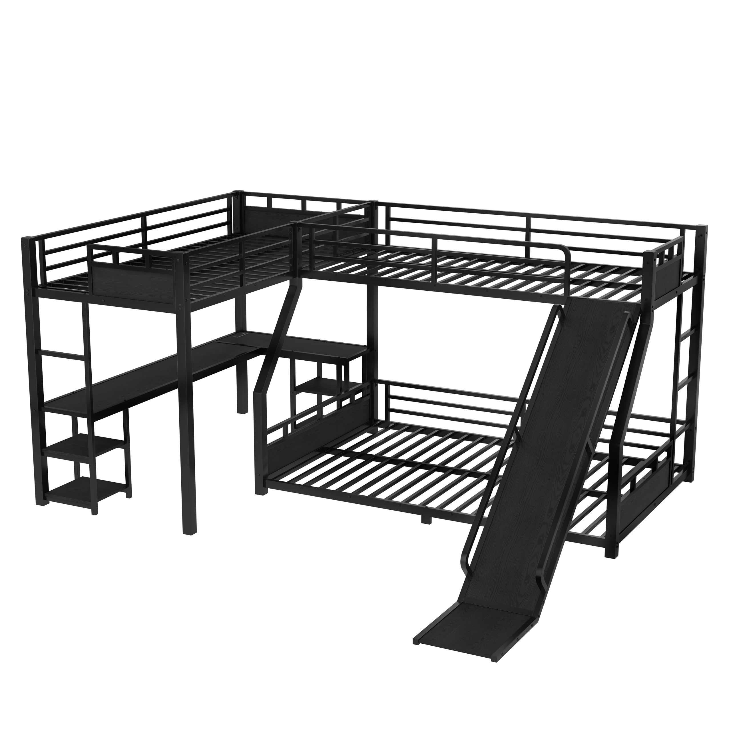 L-Shaped Metal Bunk Bed (Top bed: twin xl, bottom bed: queen) with Single Loft Bed, Desk, and Storage Shelves, USB Charging Port Included - Metal Triple Bunk Bed with Slide,Black - Image 6