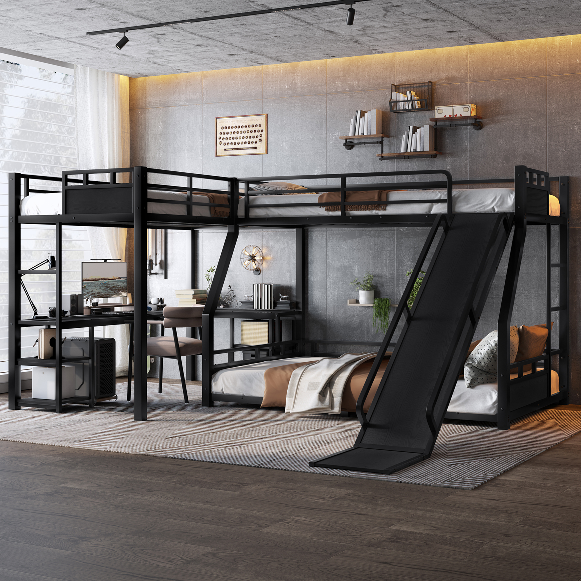 L-Shaped Metal Bunk Bed (Top bed: twin, bottom bed: full ) with Single Loft Bed, Desk, and Storage Shelves, USB Charging Port Included – Metal Triple Bunk Bed with Slide,Black