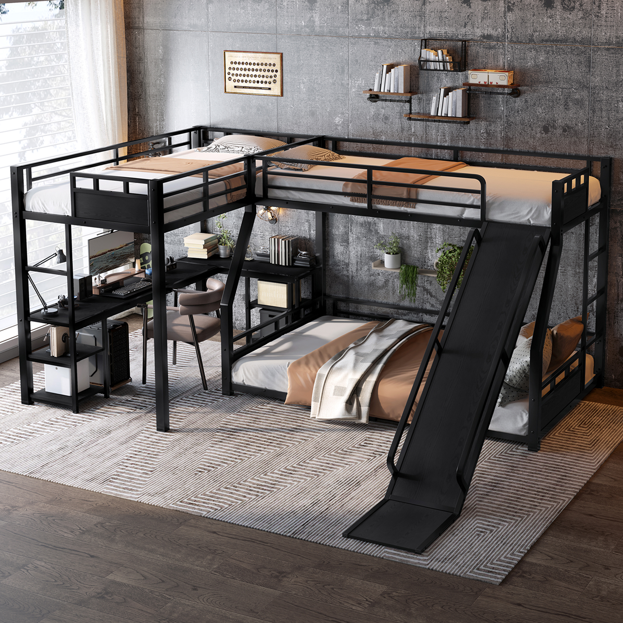 L-Shaped Metal Bunk Bed (Top bed: twin, bottom bed: full ) with Single Loft Bed, Desk, and Storage Shelves, USB Charging Port Included - Metal Triple Bunk Bed with Slide,Black - Image 2