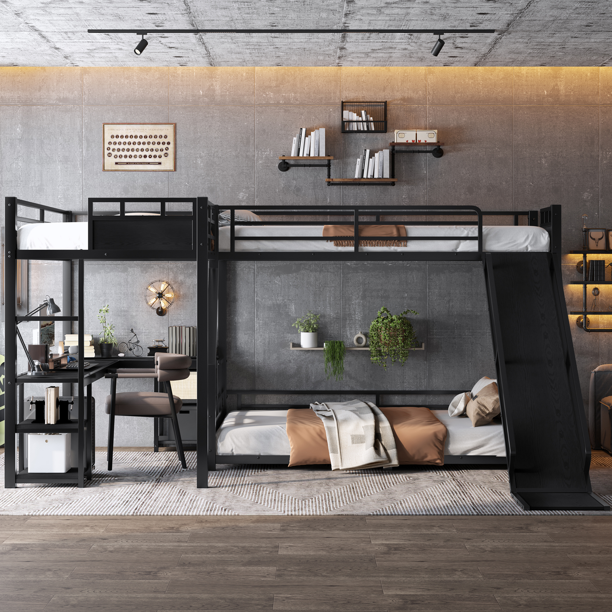 L-Shaped Metal Bunk Bed (Top bed: twin, bottom bed: full ) with Single Loft Bed, Desk, and Storage Shelves, USB Charging Port Included - Metal Triple Bunk Bed with Slide,Black - Image 3