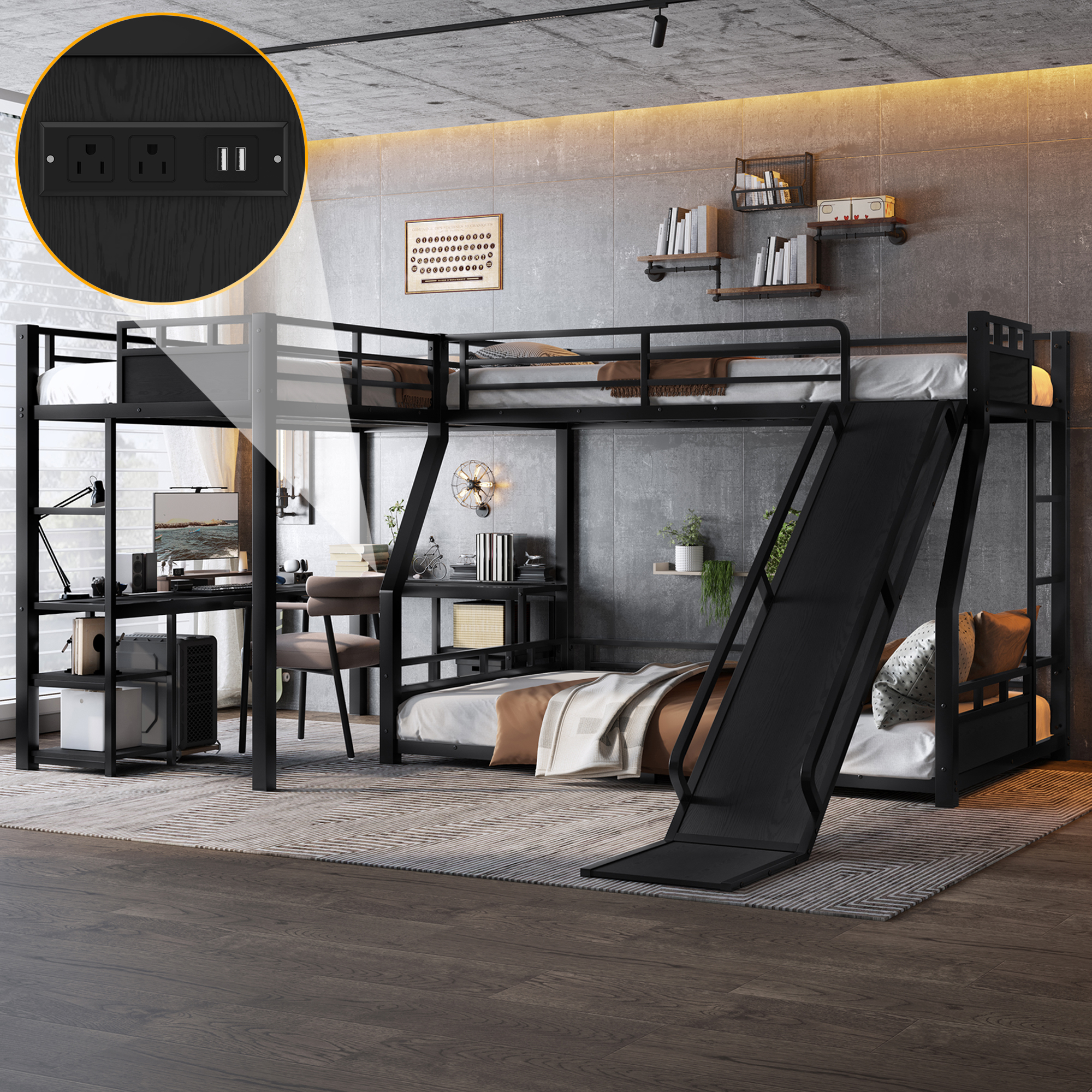 L-Shaped Metal Bunk Bed (Top bed: twin, bottom bed: full ) with Single Loft Bed, Desk, and Storage Shelves, USB Charging Port Included - Metal Triple Bunk Bed with Slide,Black - Image 4
