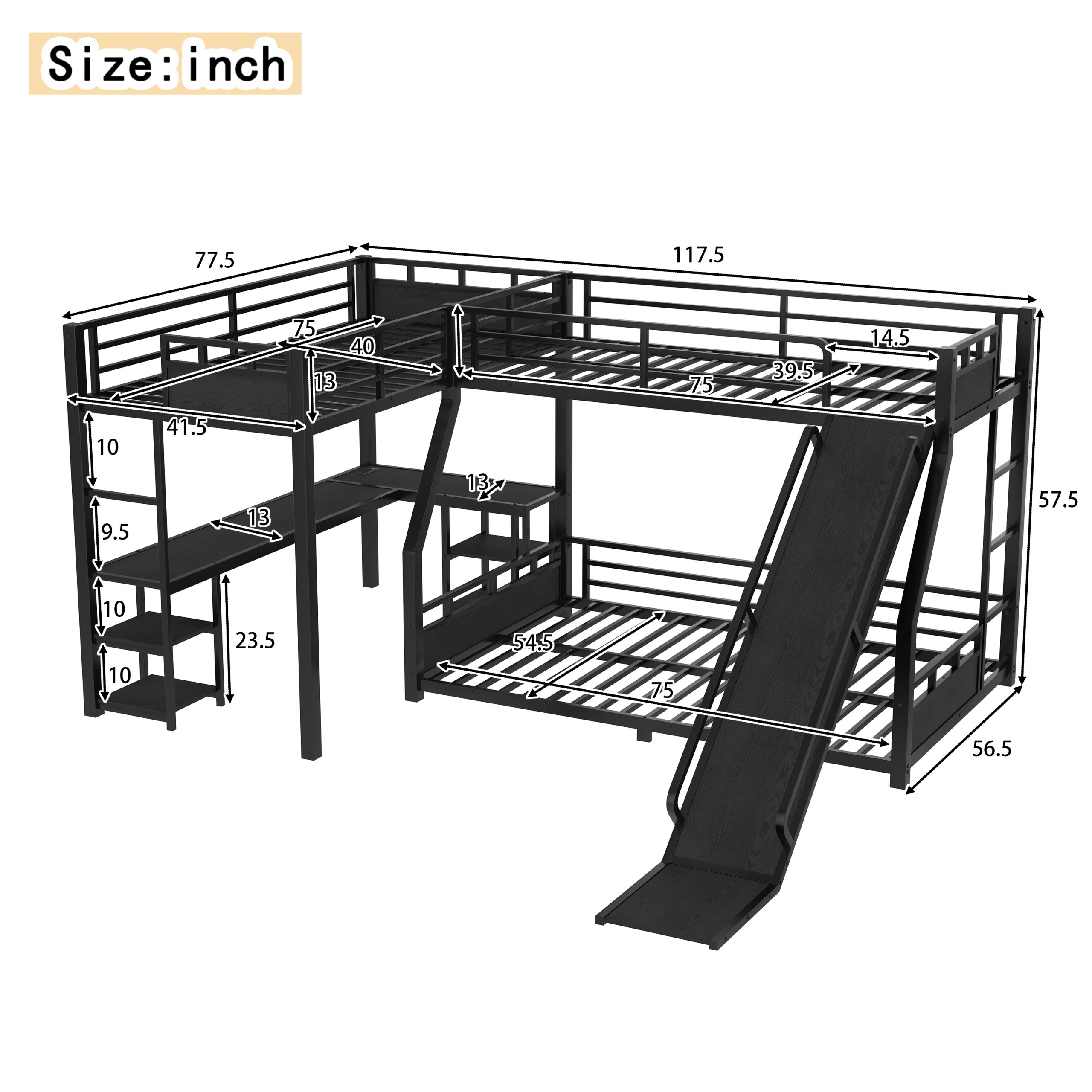 L-Shaped Metal Bunk Bed (Top bed: twin, bottom bed: full ) with Single Loft Bed, Desk, and Storage Shelves, USB Charging Port Included - Metal Triple Bunk Bed with Slide,Black - Image 5