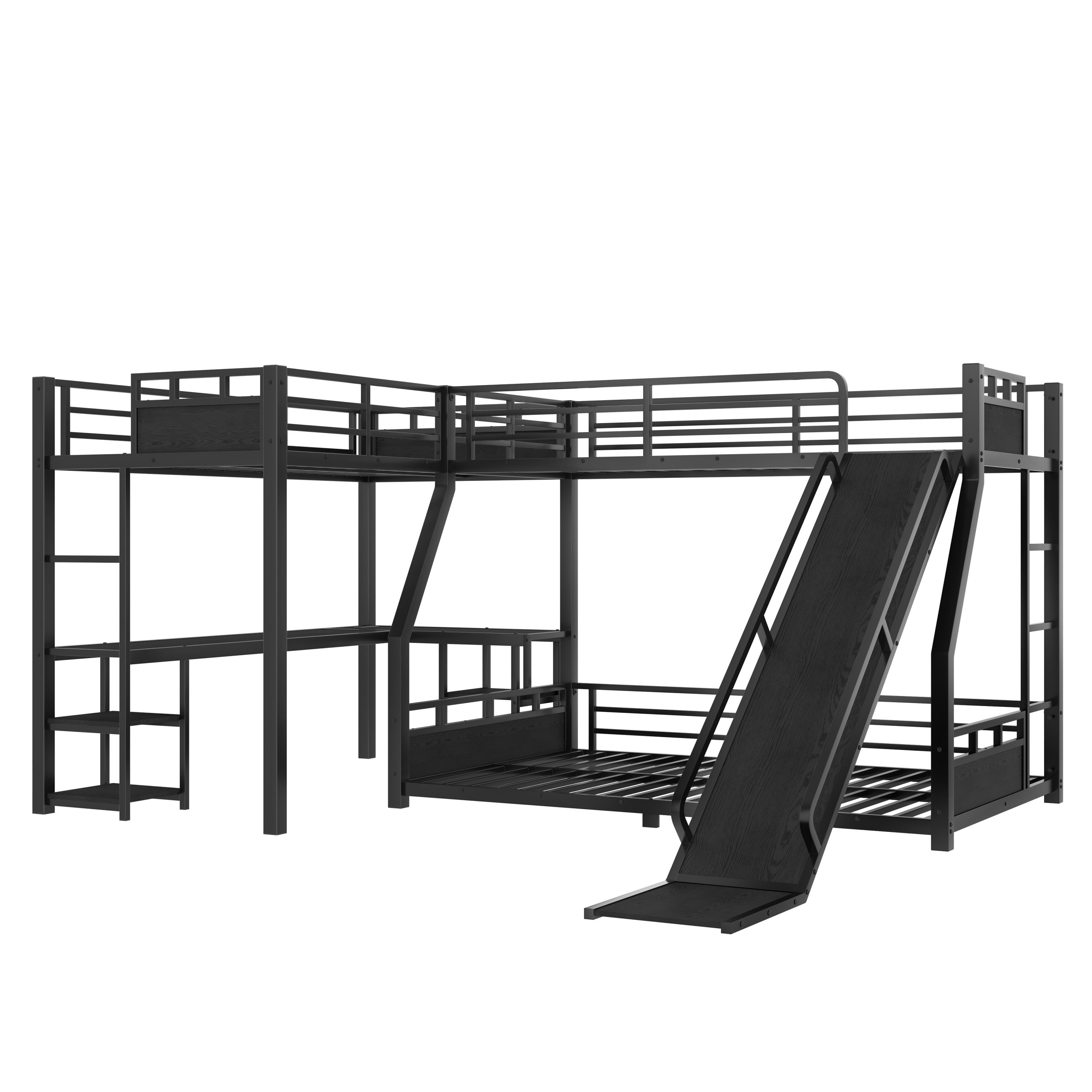 L-Shaped Metal Bunk Bed (Top bed: twin, bottom bed: full ) with Single Loft Bed, Desk, and Storage Shelves, USB Charging Port Included - Metal Triple Bunk Bed with Slide,Black - Image 6